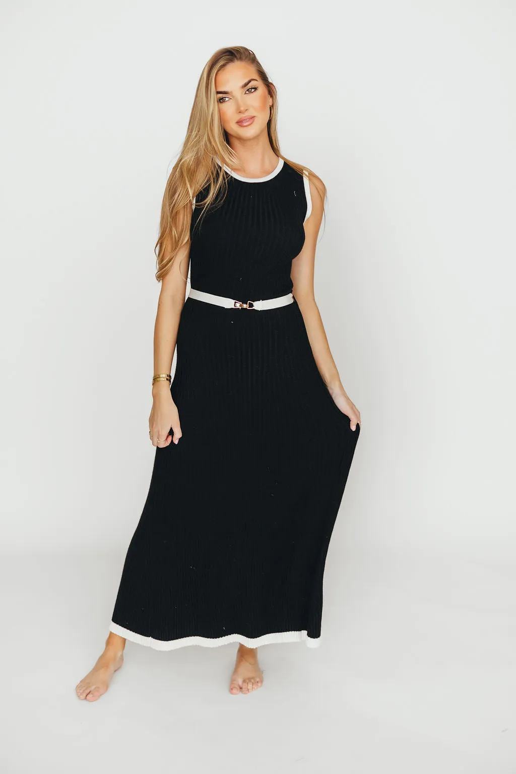 Drew Sleeveless Ribbed Knit Midi Dress in Black/White
