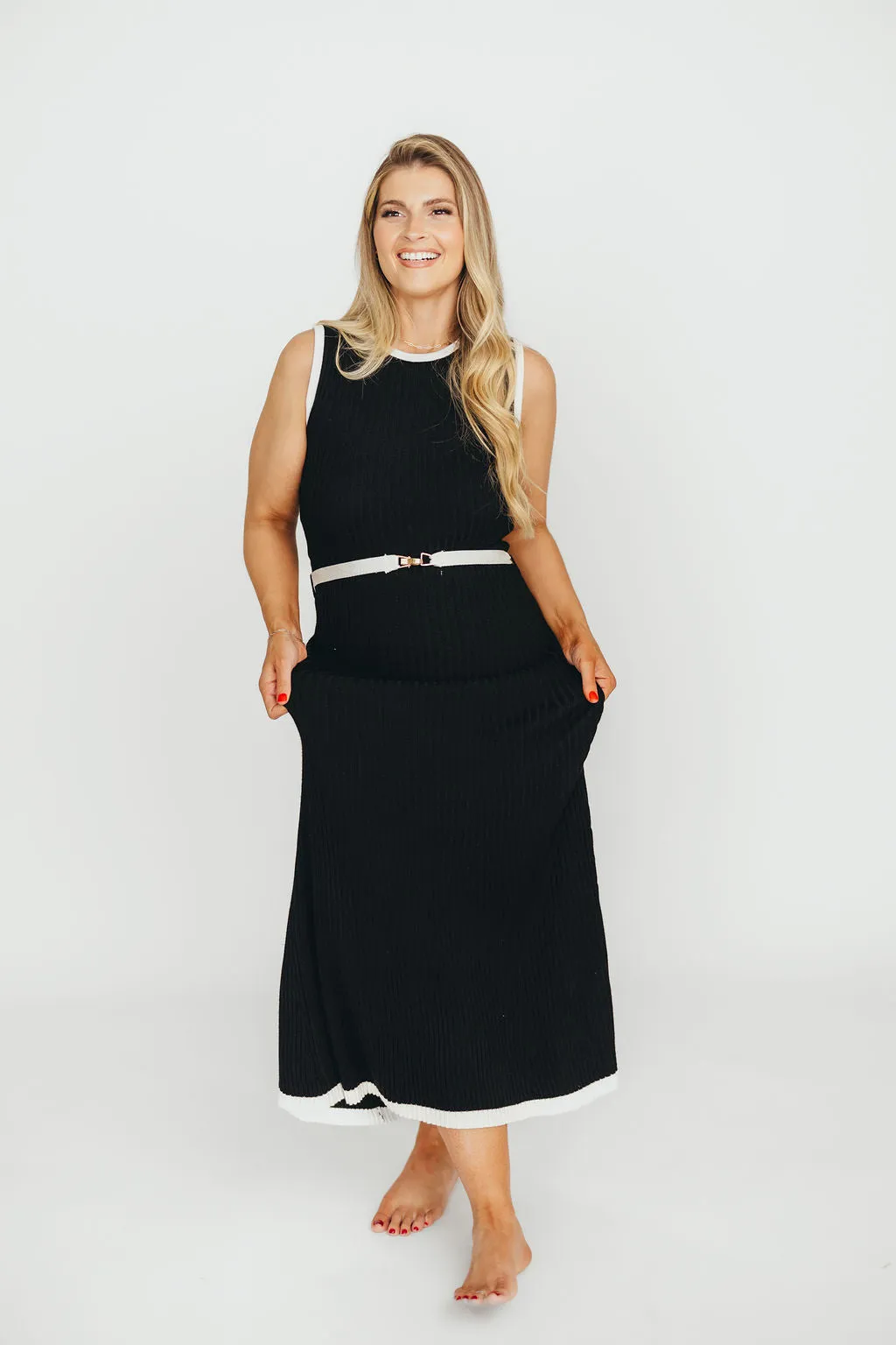 Drew Sleeveless Ribbed Knit Midi Dress in Black/White