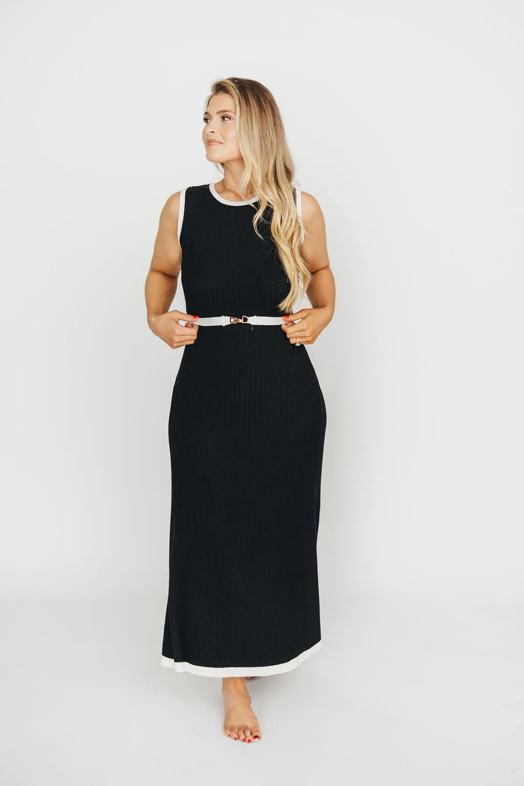 Drew Sleeveless Ribbed Knit Midi Dress in Black/White
