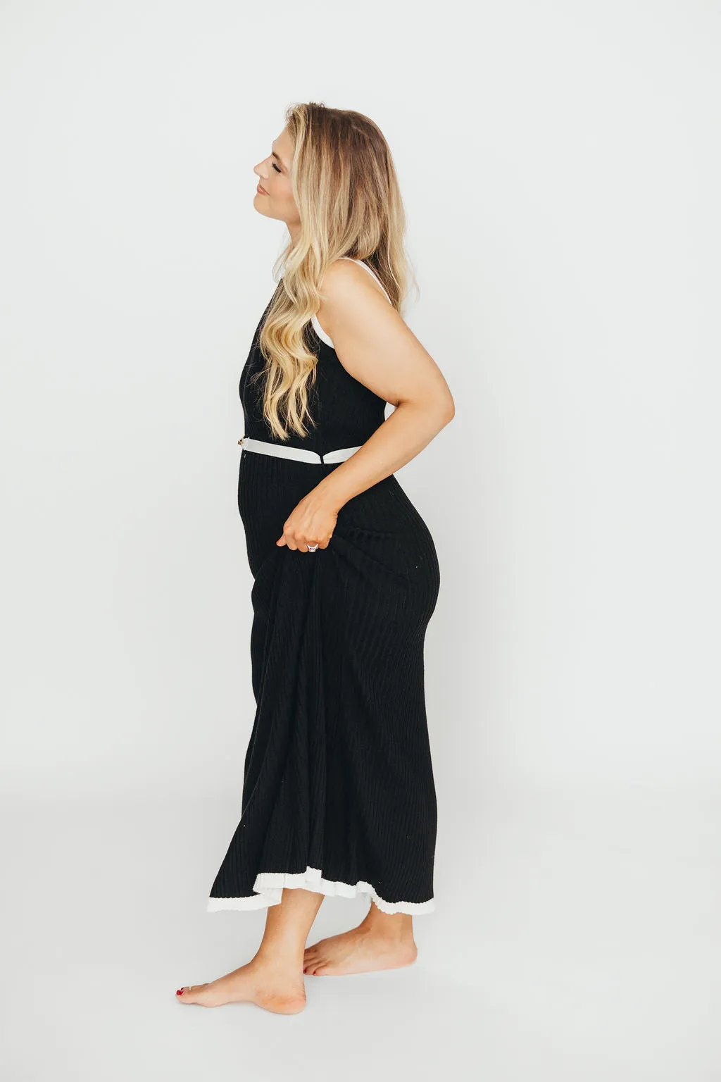 Drew Sleeveless Ribbed Knit Midi Dress in Black/White
