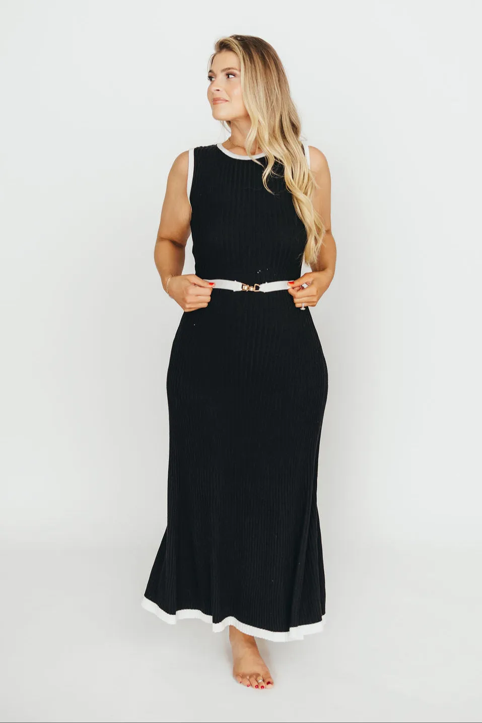 Drew Sleeveless Ribbed Knit Midi Dress in Black/White