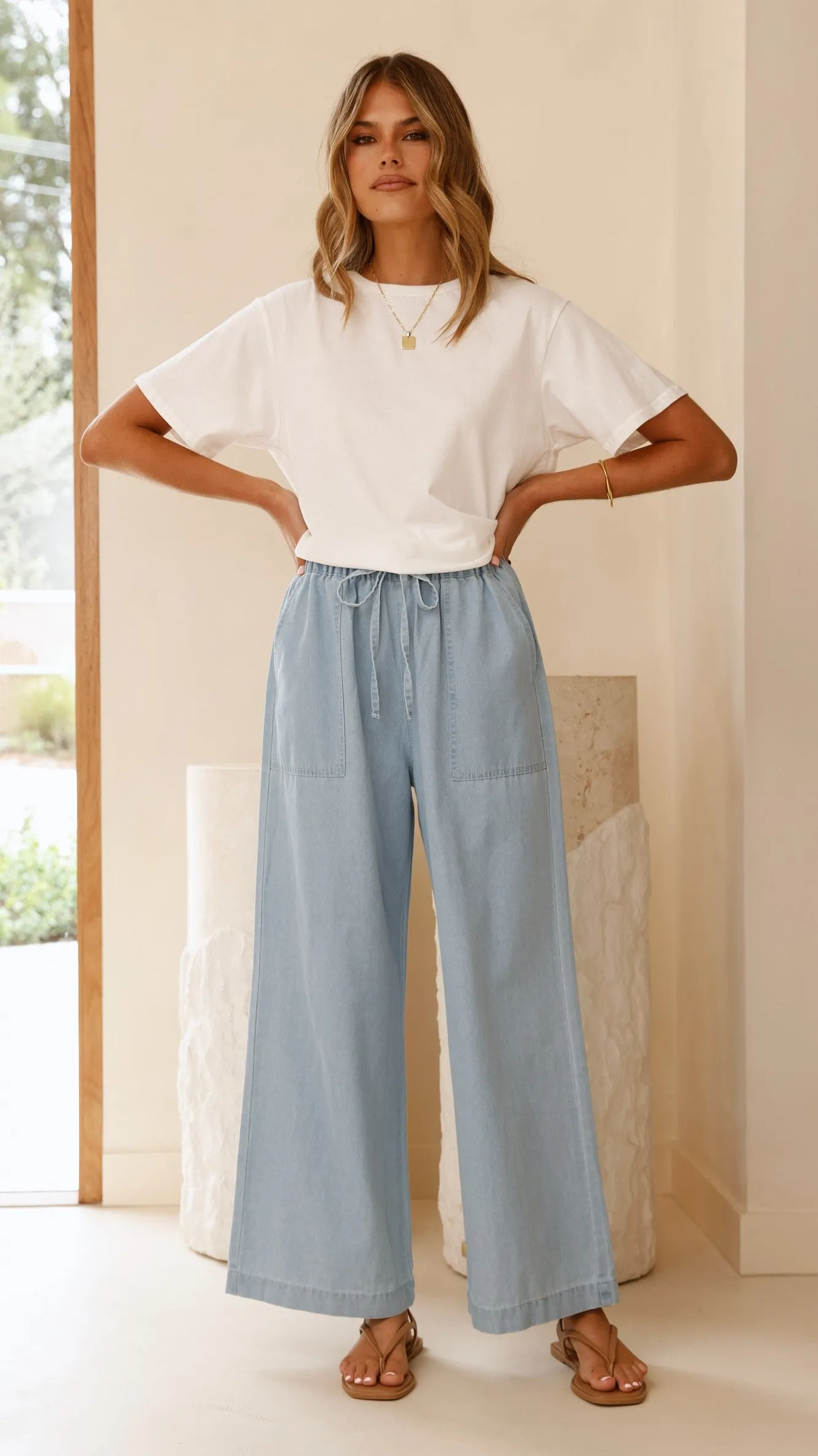 Elaine Wide Leg Pants - Light Blue Denim