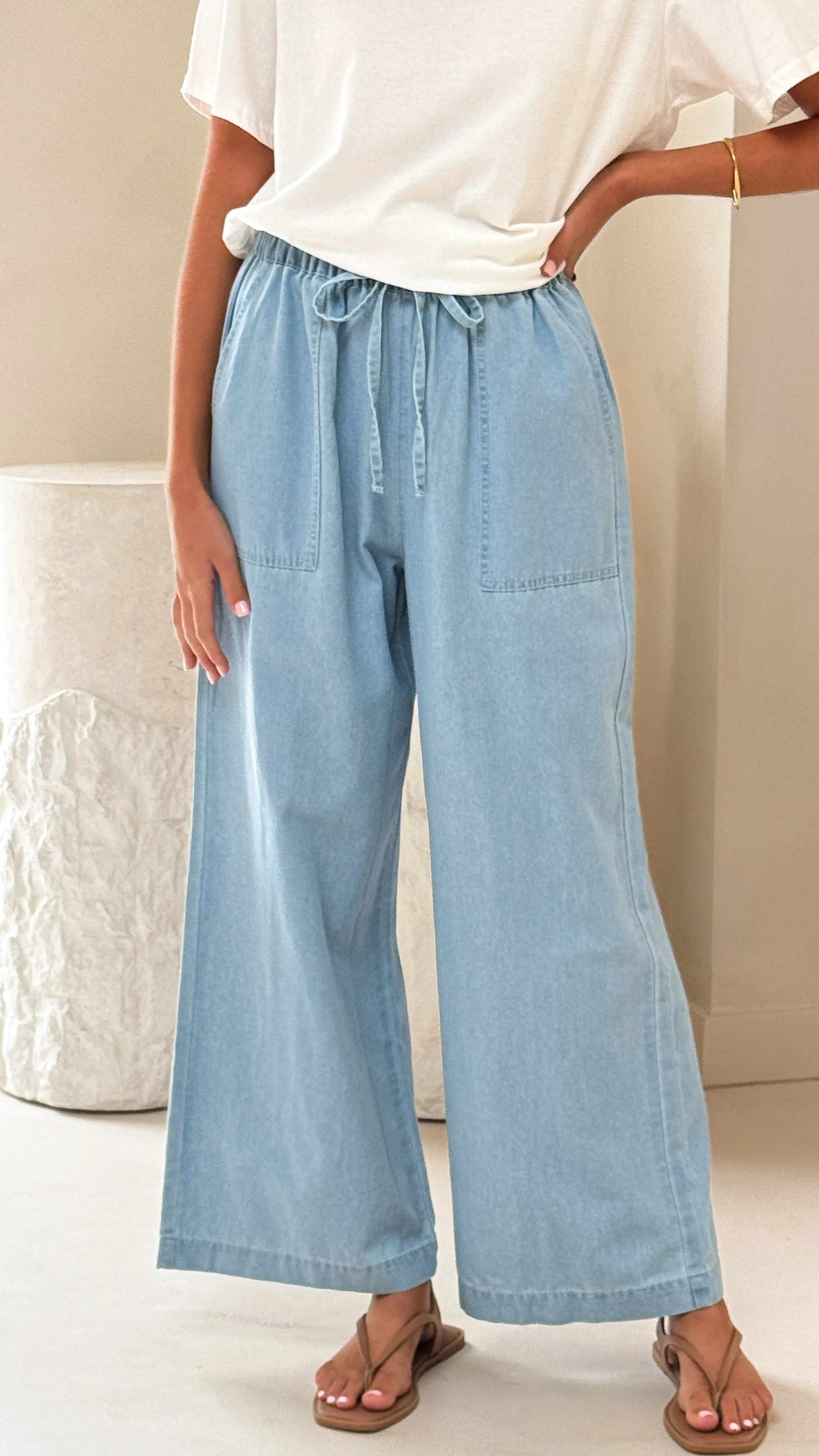 Elaine Wide Leg Pants - Light Blue Denim