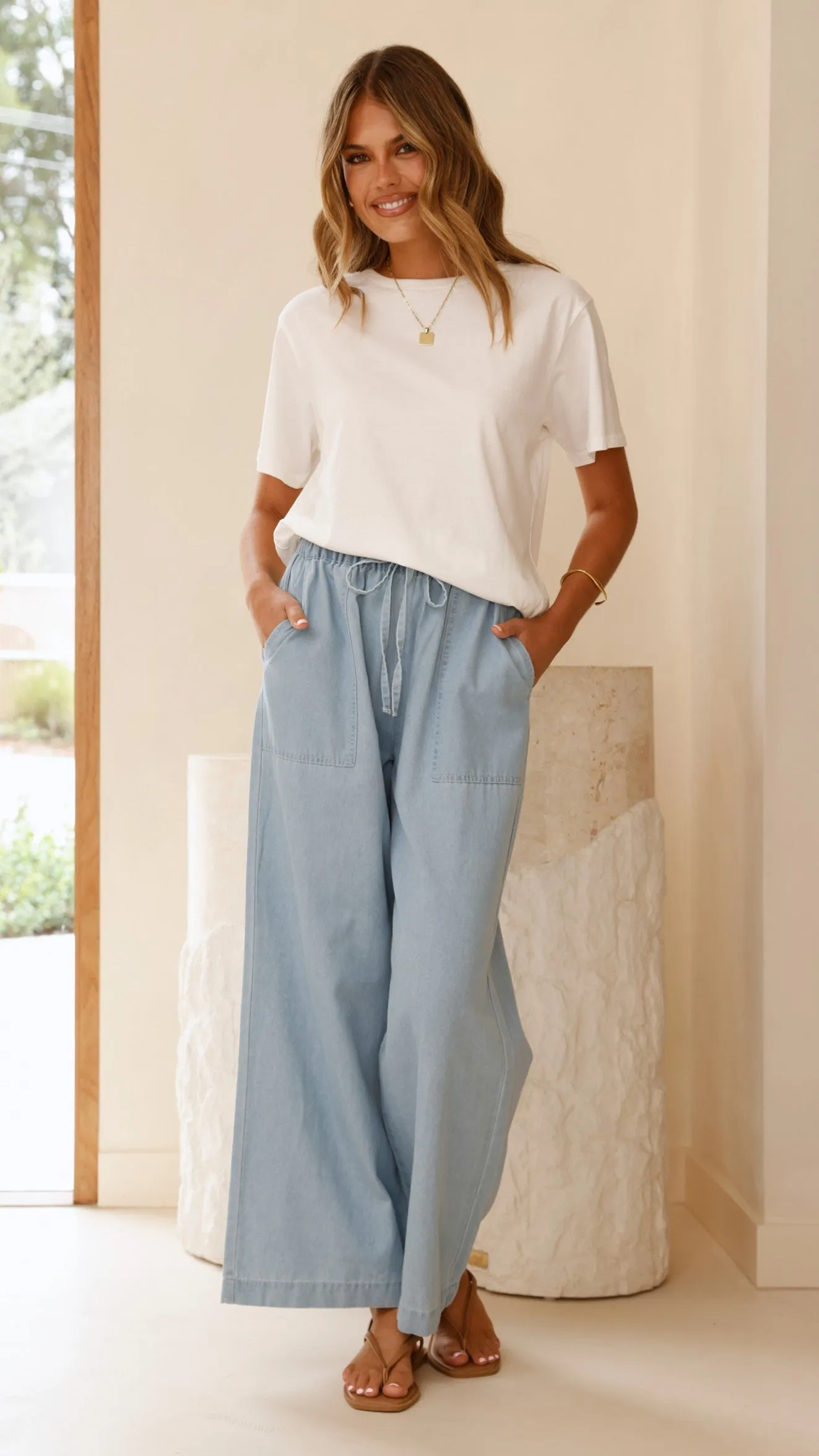 Elaine Wide Leg Pants - Light Blue Denim