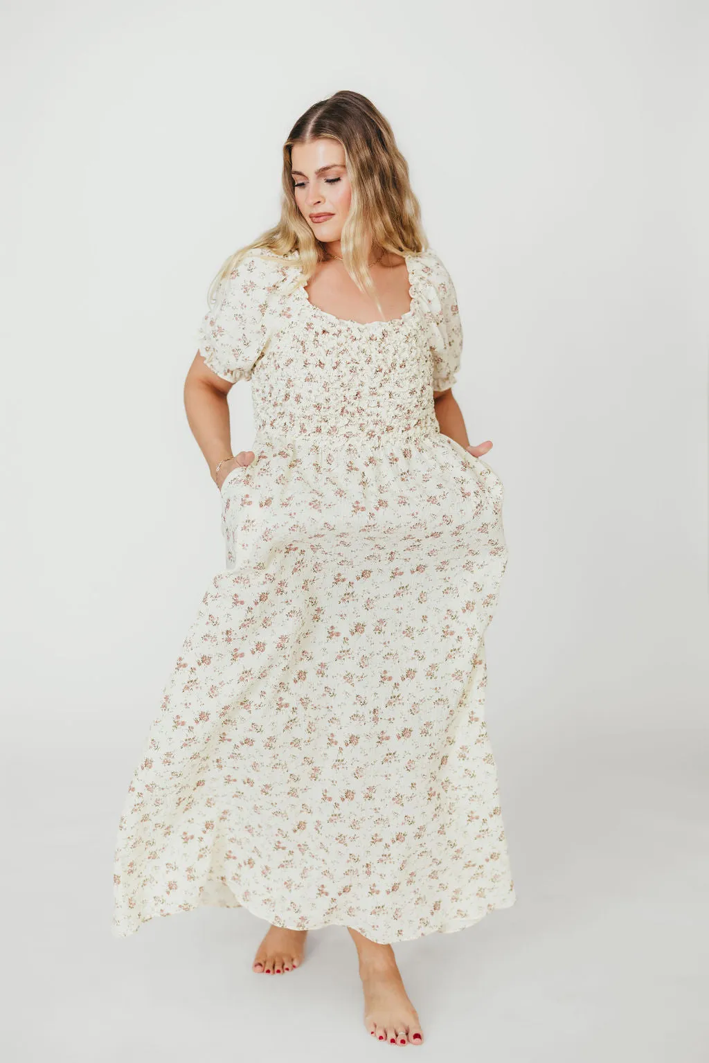 Emilia Smocked Maxi Dress in Ivory/Mauve FloralEmilia 100% Cotton Smocked Maxi Dress in Ivory/Mauve Floral - Bump Friendly