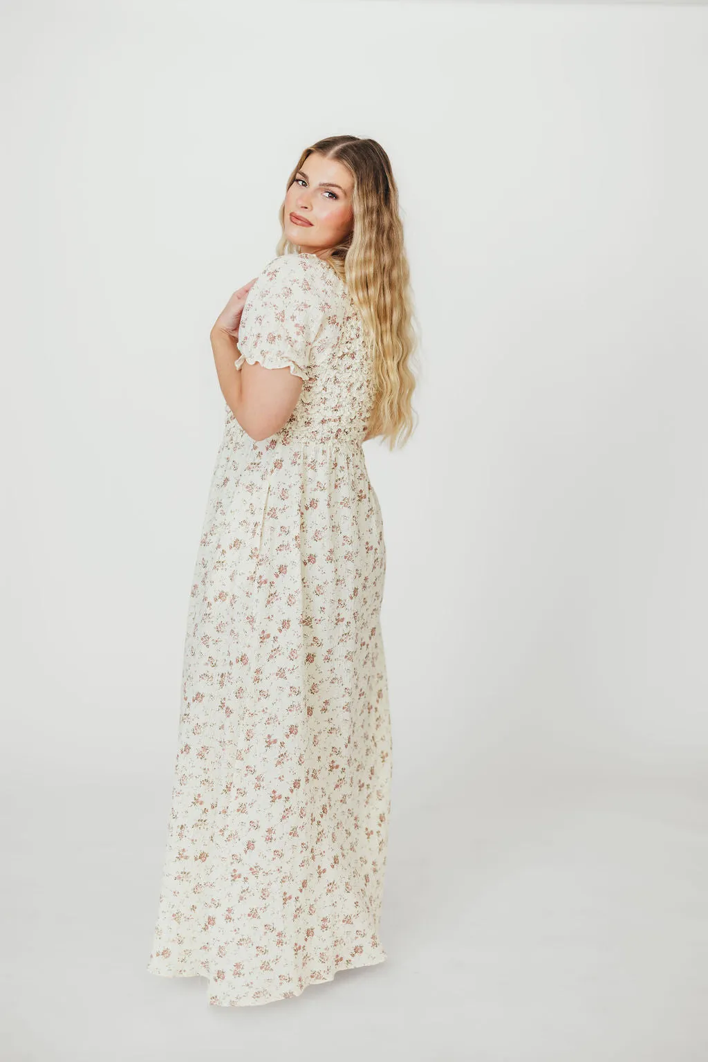 Emilia Smocked Maxi Dress in Ivory/Mauve FloralEmilia 100% Cotton Smocked Maxi Dress in Ivory/Mauve Floral - Bump Friendly