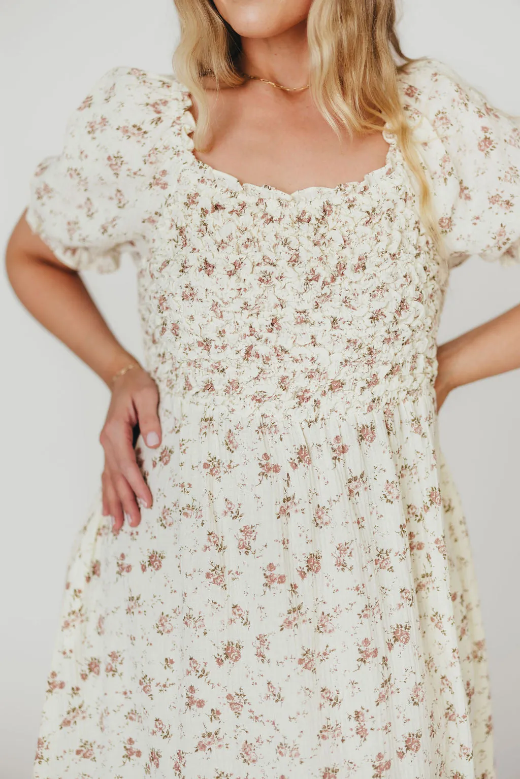 Emilia Smocked Maxi Dress in Ivory/Mauve FloralEmilia 100% Cotton Smocked Maxi Dress in Ivory/Mauve Floral - Bump Friendly