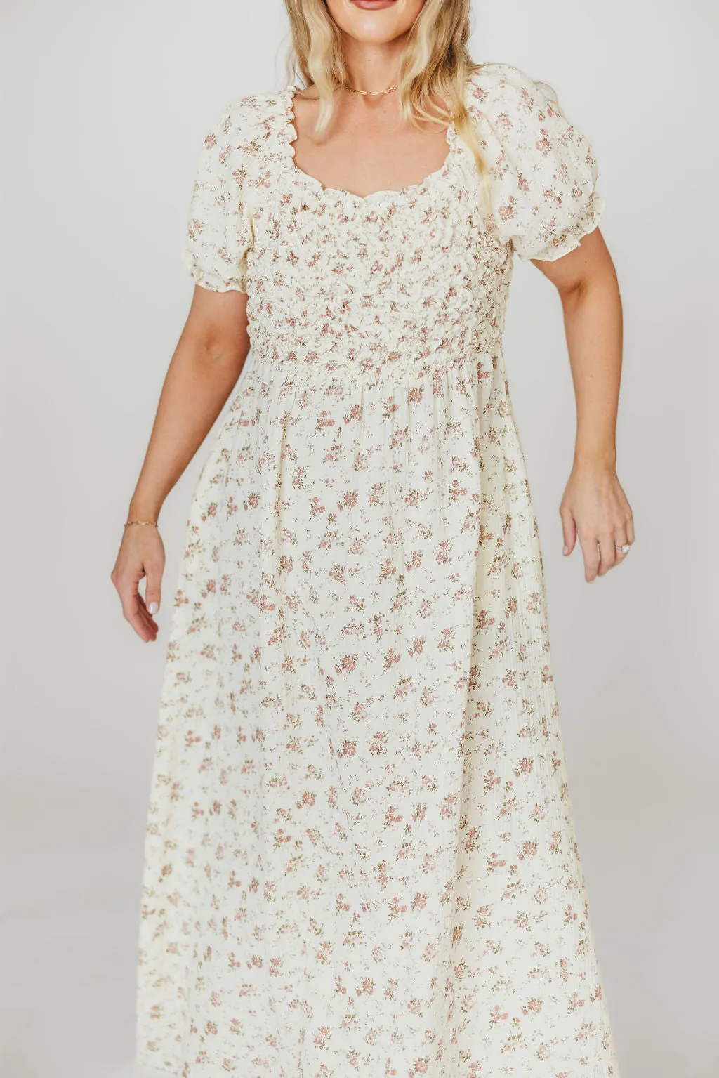 Emilia Smocked Maxi Dress in Ivory/Mauve FloralEmilia 100% Cotton Smocked Maxi Dress in Ivory/Mauve Floral - Bump Friendly