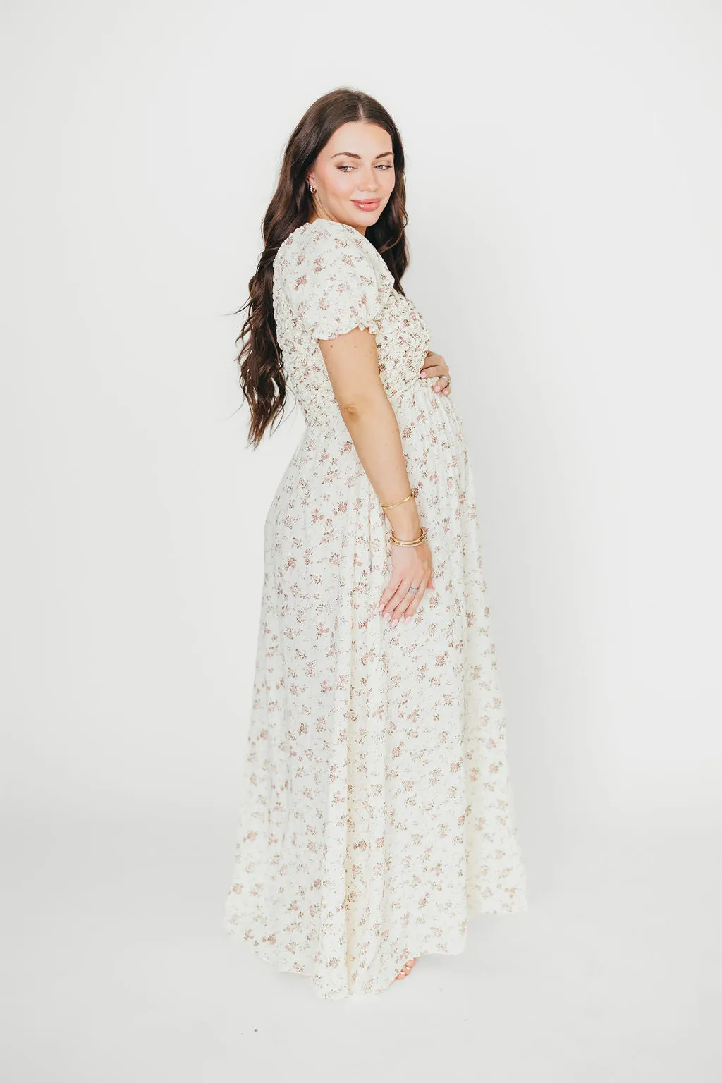 Emilia Smocked Maxi Dress in Ivory/Mauve FloralEmilia 100% Cotton Smocked Maxi Dress in Ivory/Mauve Floral - Bump Friendly