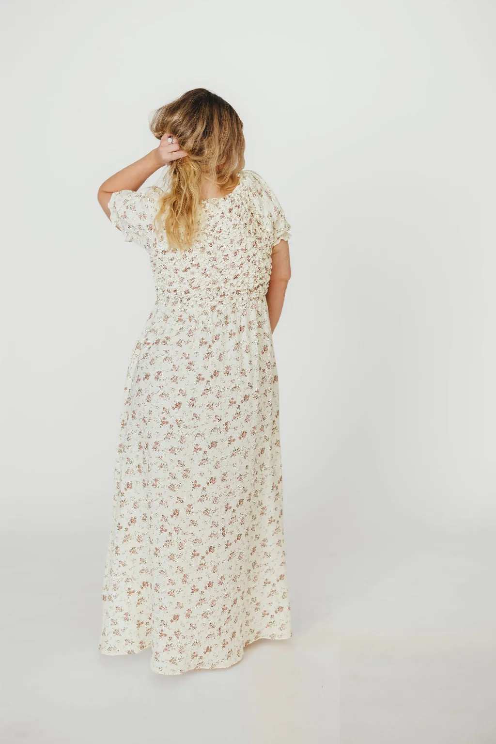 Emilia Smocked Maxi Dress in Ivory/Mauve FloralEmilia 100% Cotton Smocked Maxi Dress in Ivory/Mauve Floral - Bump Friendly