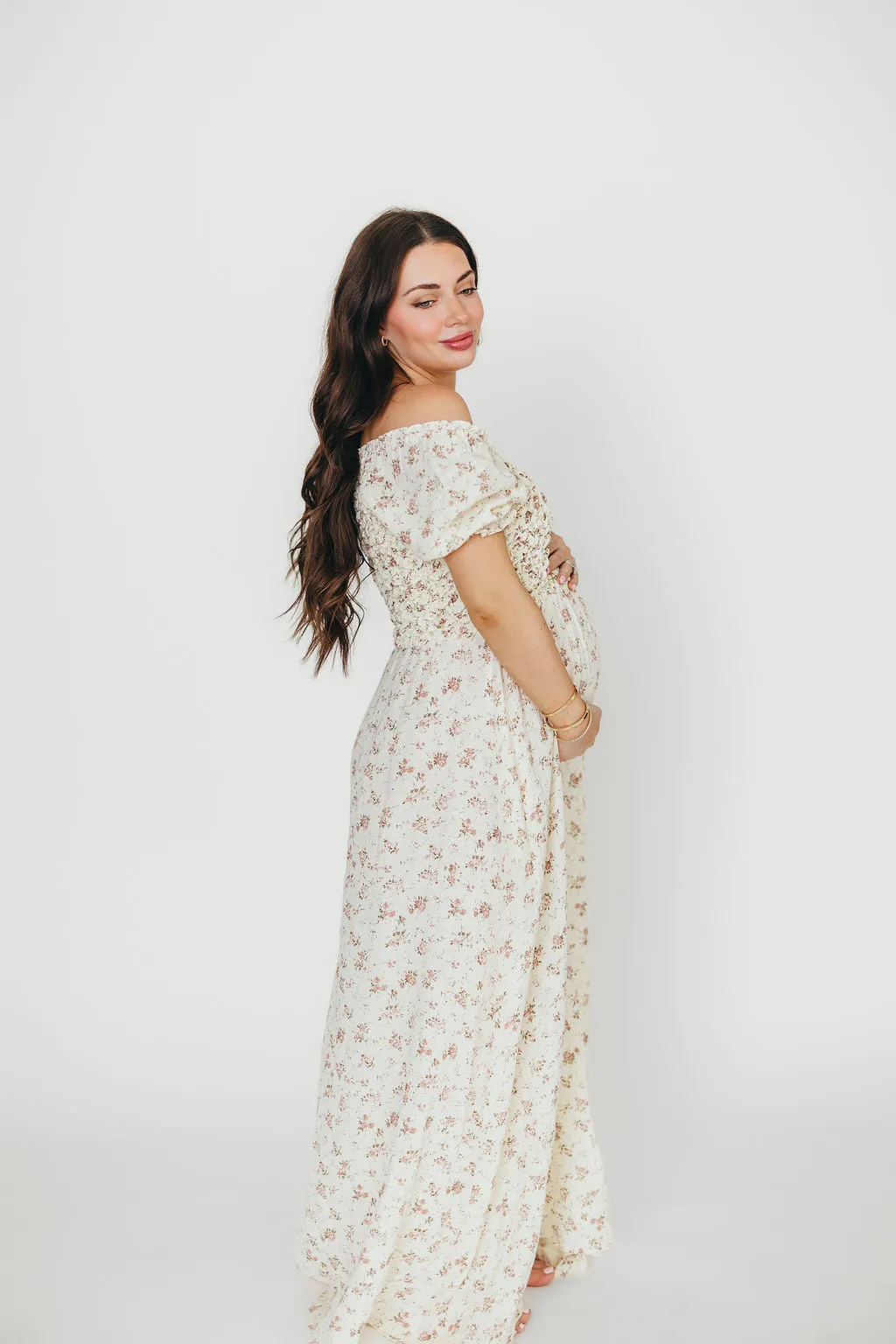 Emilia Smocked Maxi Dress in Ivory/Mauve FloralEmilia 100% Cotton Smocked Maxi Dress in Ivory/Mauve Floral - Bump Friendly