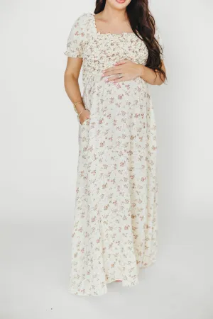 Emilia Smocked Maxi Dress in Ivory/Mauve FloralEmilia 100% Cotton Smocked Maxi Dress in Ivory/Mauve Floral - Bump Friendly