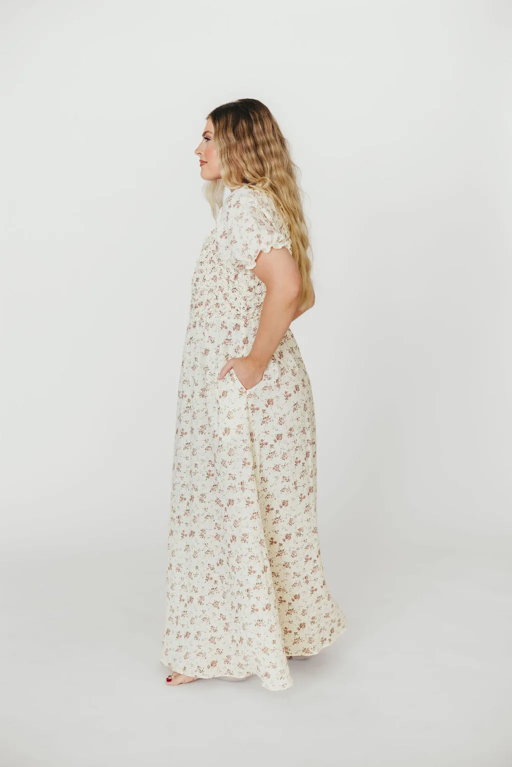 Emilia Smocked Maxi Dress in Ivory/Mauve FloralEmilia 100% Cotton Smocked Maxi Dress in Ivory/Mauve Floral - Bump Friendly