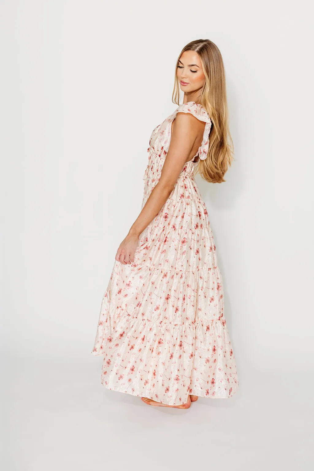 Enchanted Floral & Gingham Ruffled Maxi Dress in Pink Rose
