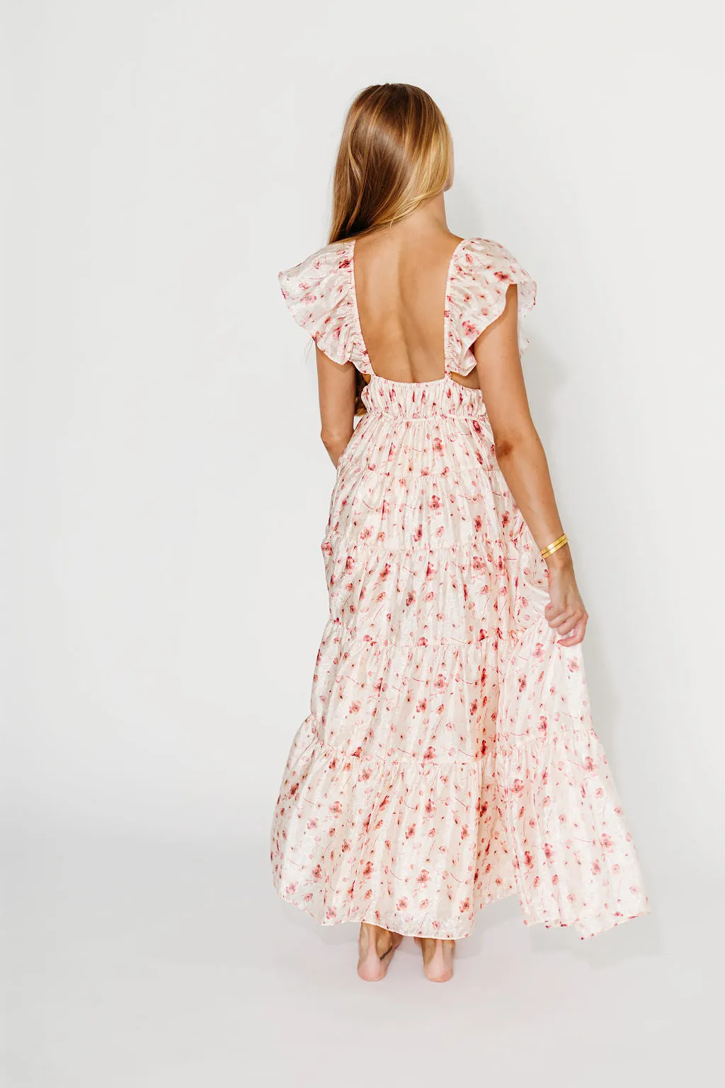 Enchanted Floral & Gingham Ruffled Maxi Dress in Pink Rose