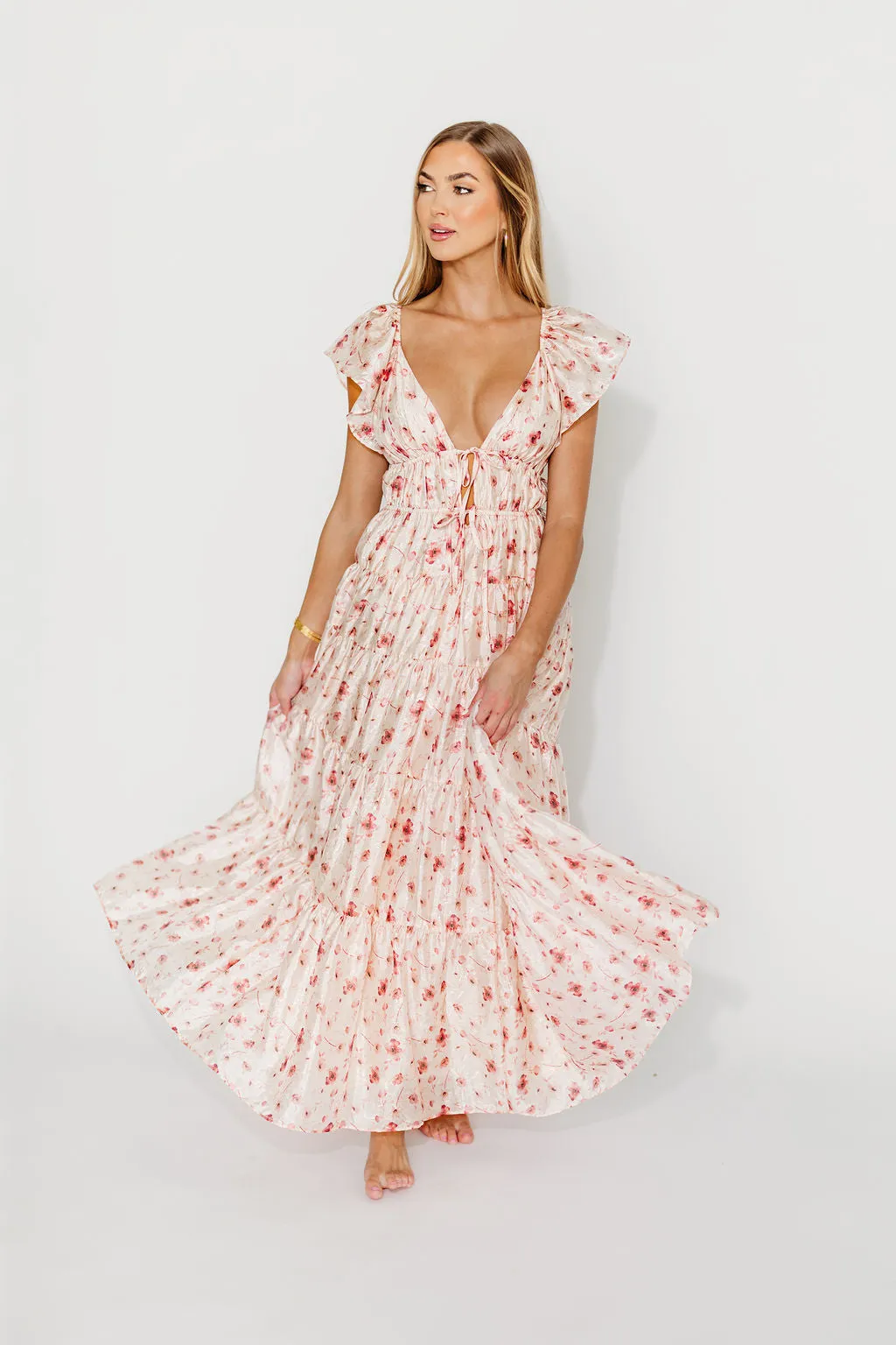 Enchanted Floral & Gingham Ruffled Maxi Dress in Pink Rose