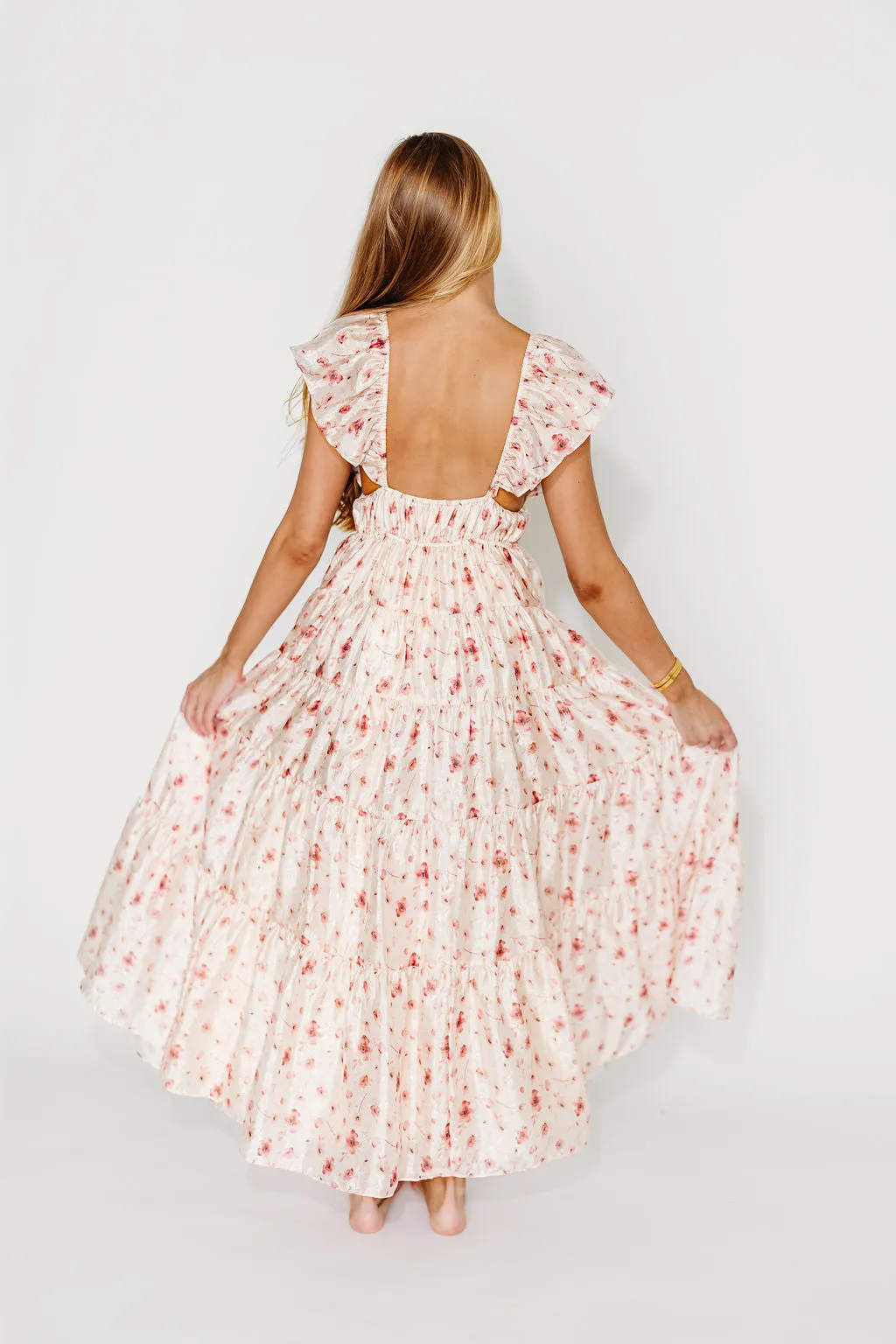 Enchanted Floral & Gingham Ruffled Maxi Dress in Pink Rose