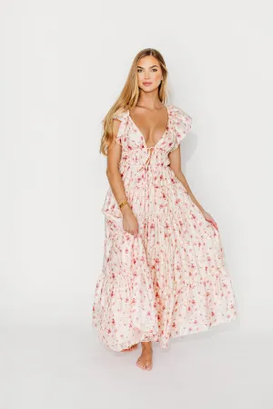 Enchanted Floral & Gingham Ruffled Maxi Dress in Pink Rose