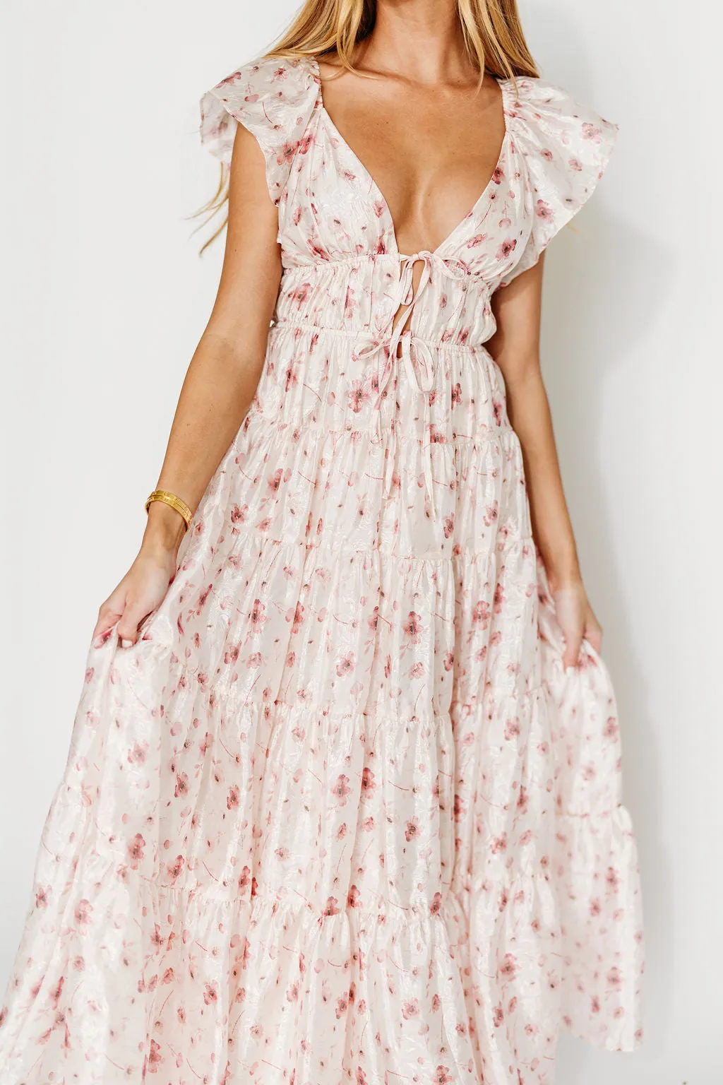 Enchanted Floral & Gingham Ruffled Maxi Dress in Pink Rose