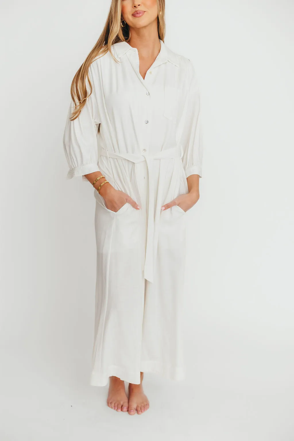 Evelyn Midi Shirt Dress in Off-White - Nursing Friendly