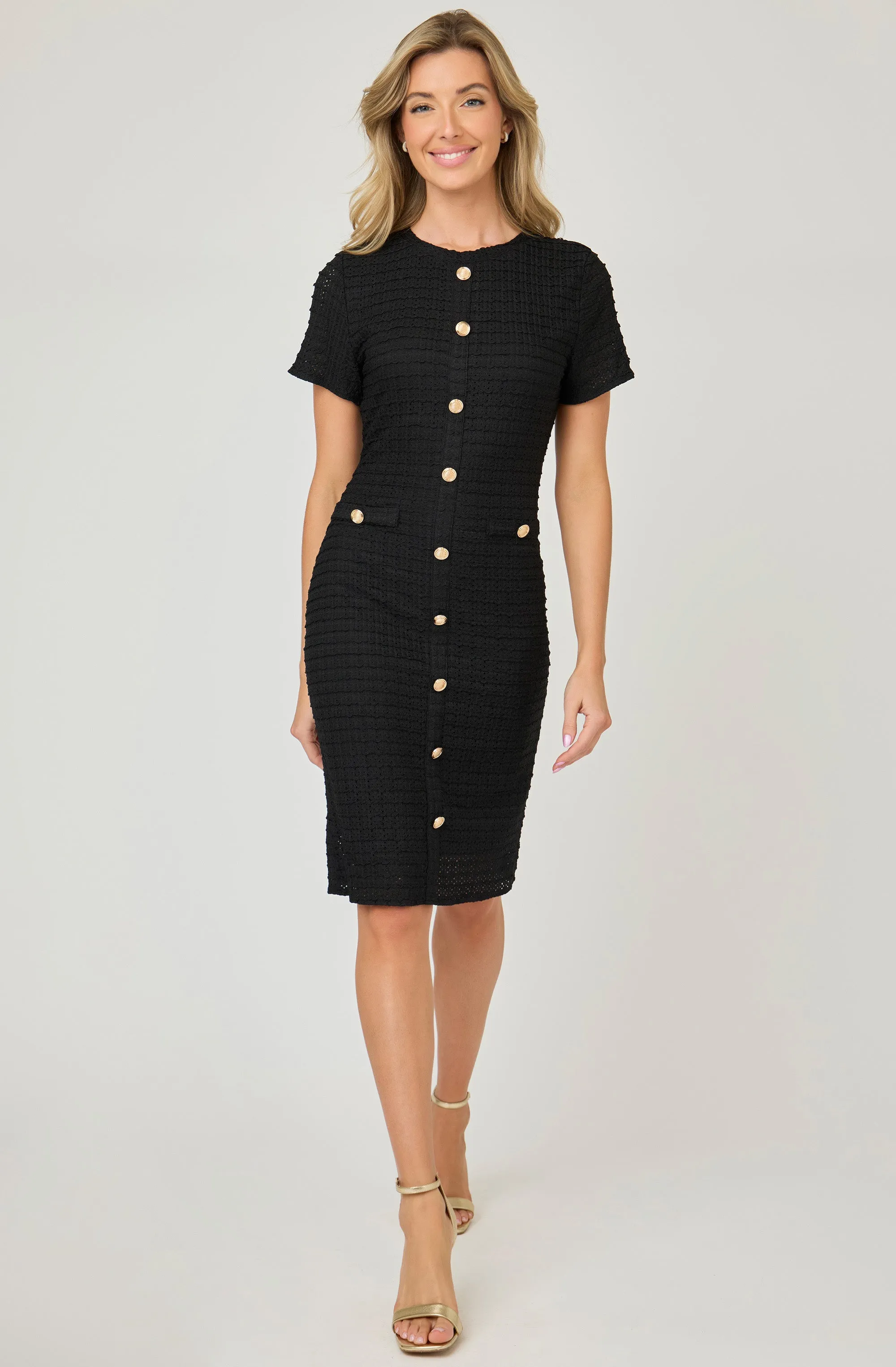 Eyelet Knit Dress with Gold Buttons