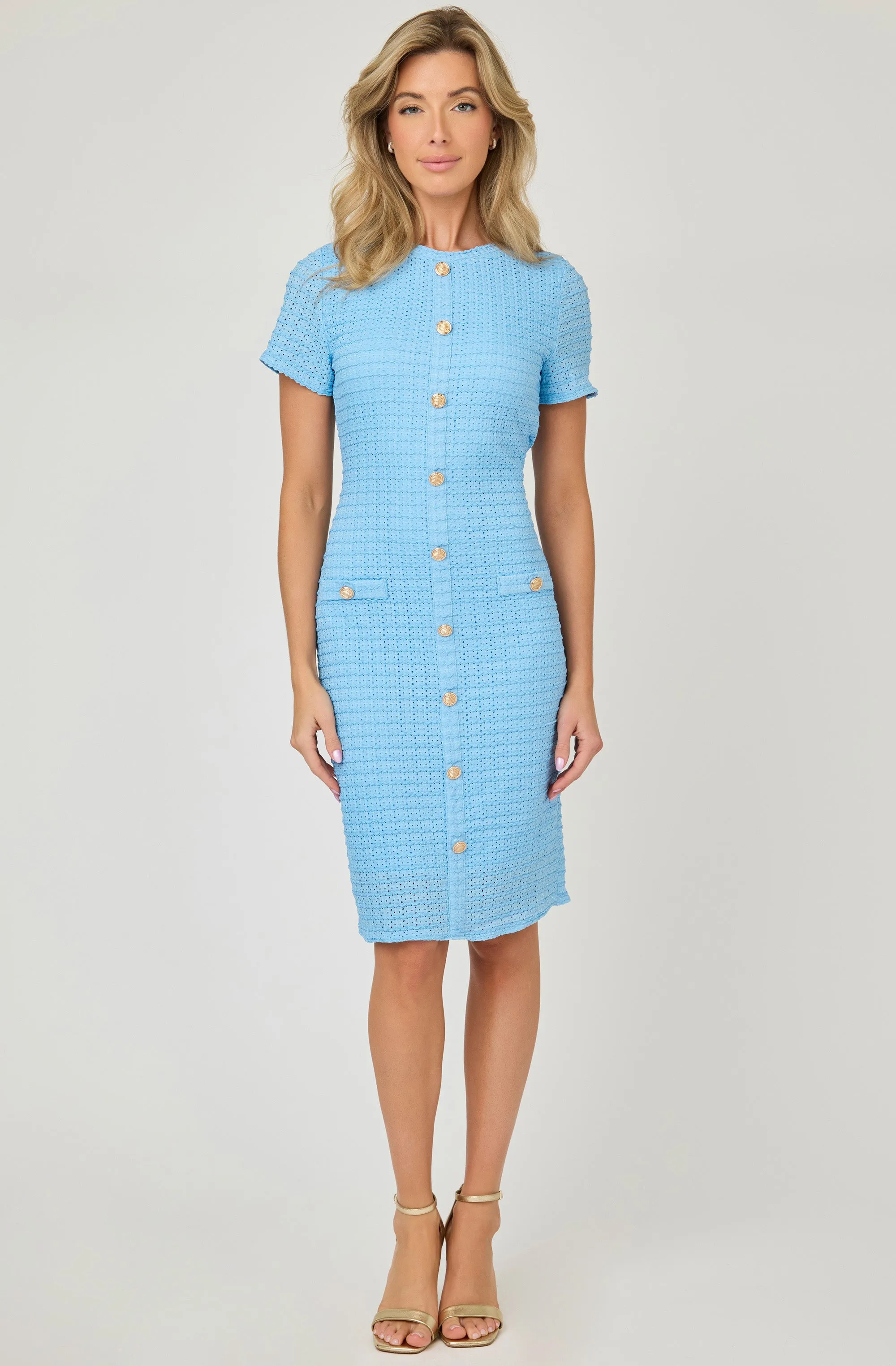 Eyelet Knit Dress with Gold Buttons