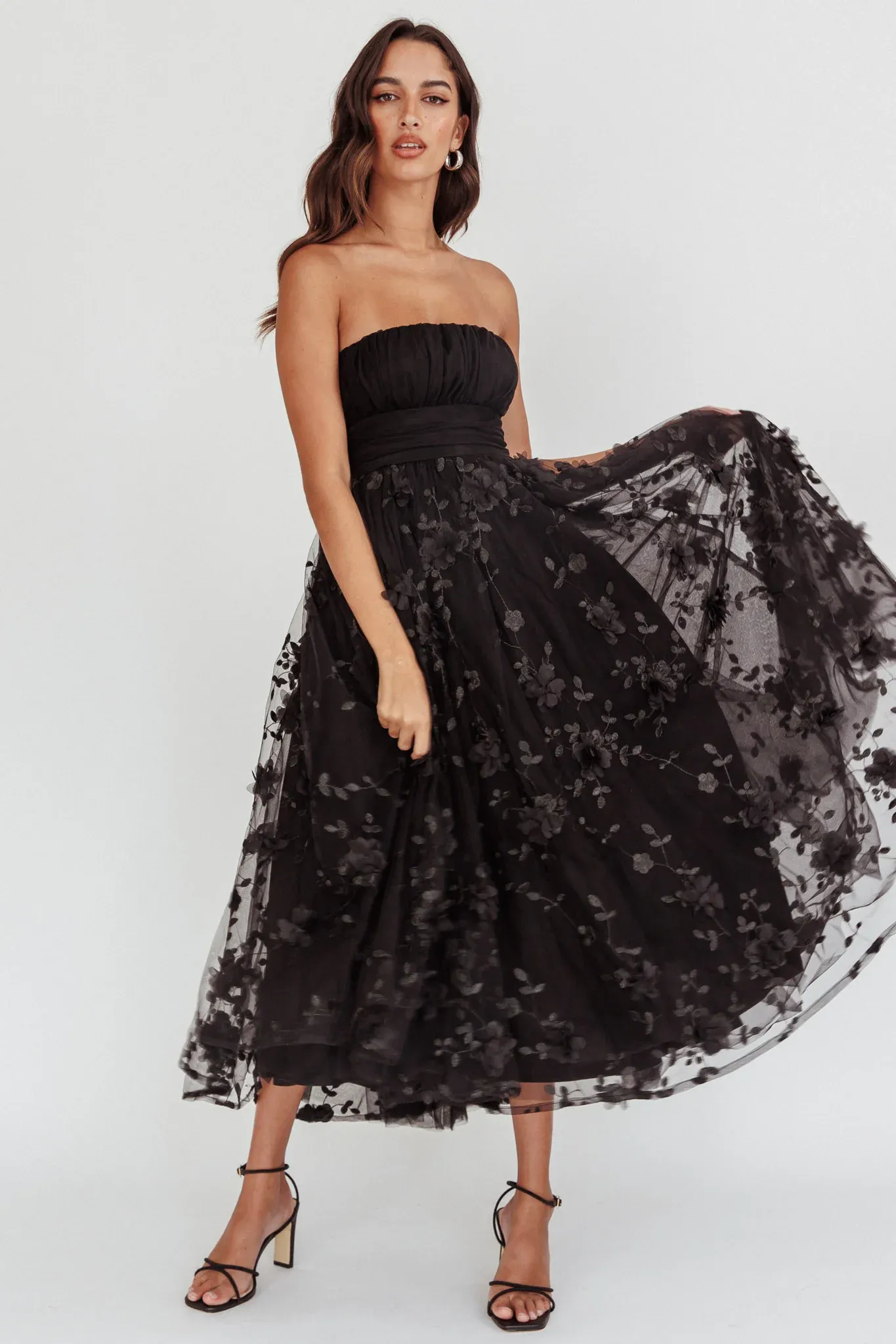 Fayette Strapless Mesh Midi Dress Embellished Black