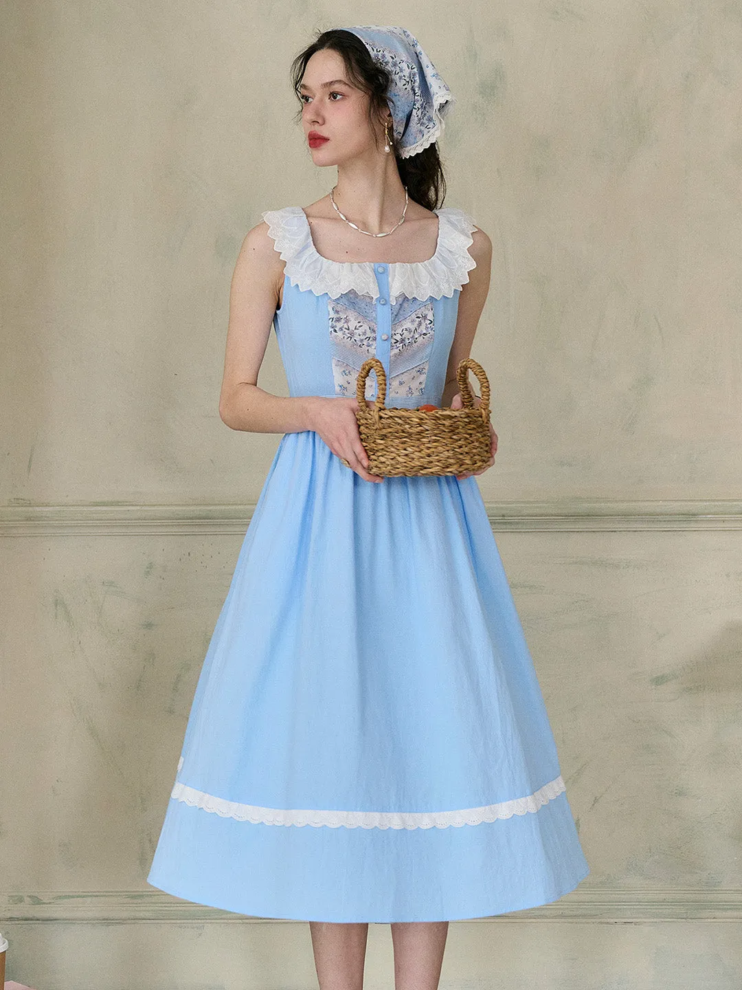 【Final Sale】Yamileth Square Collar A-Line Contrasting Floral Sleeveless Cotton Dress