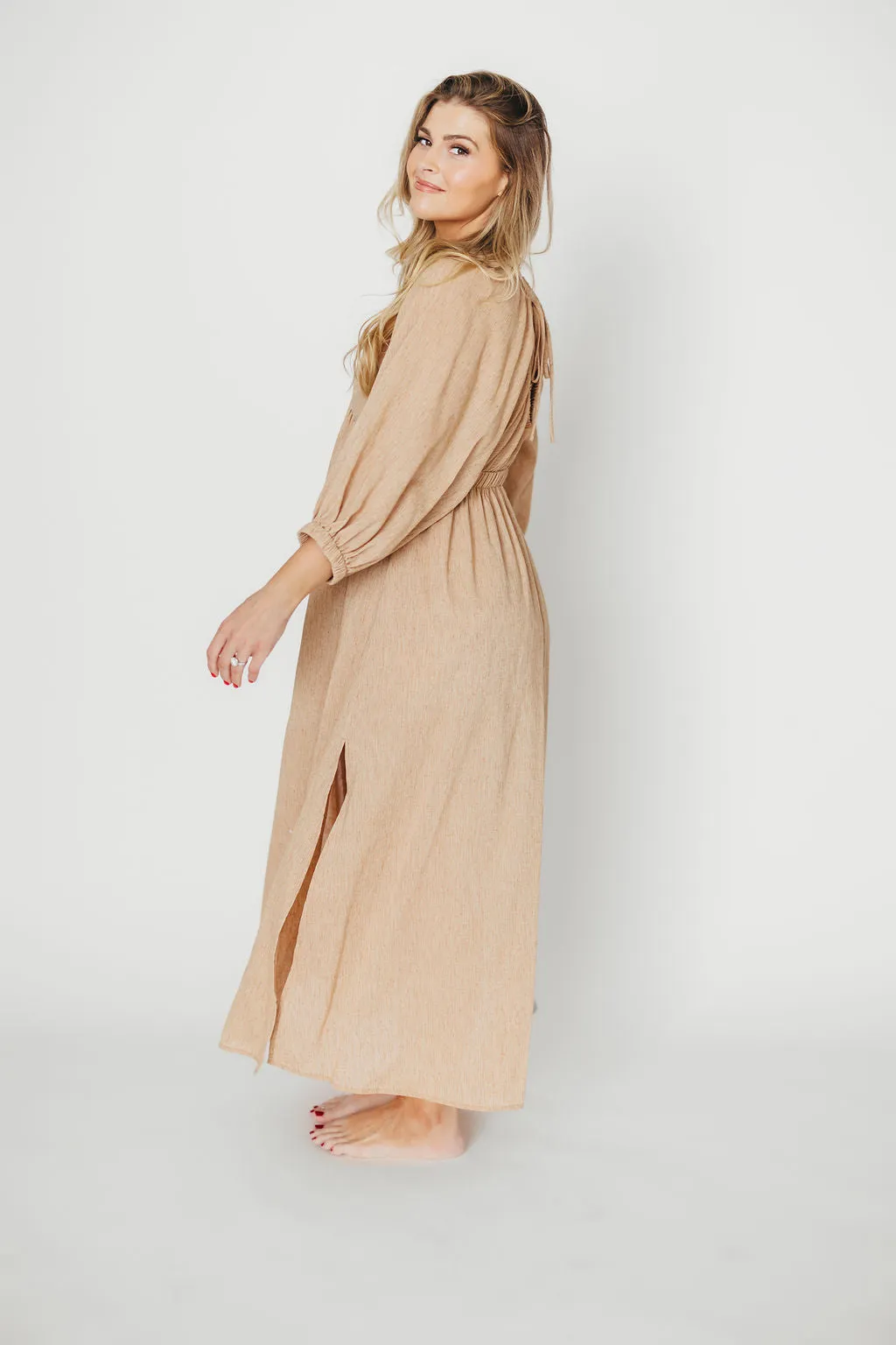 Finn V-Neck Midi Dress in Taupe