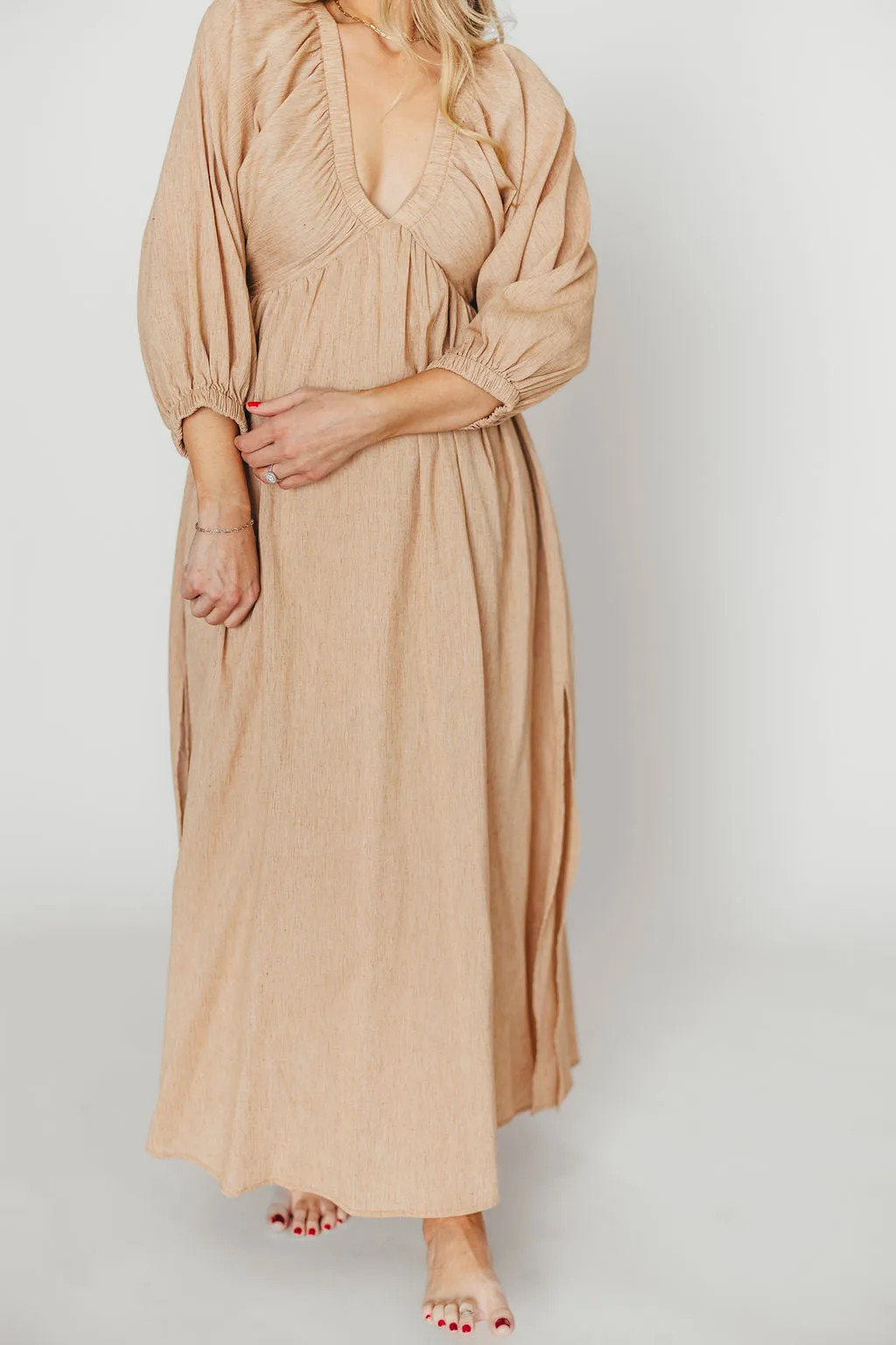 Finn V-Neck Midi Dress in Taupe