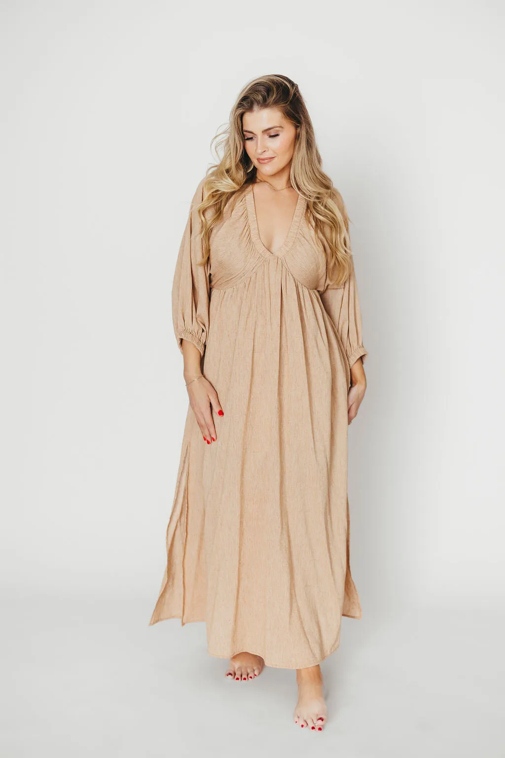 Finn V-Neck Midi Dress in Taupe