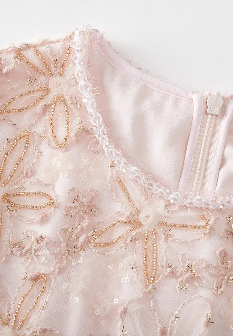 Floral-embroidery Embellished Detail Mesh Dress
