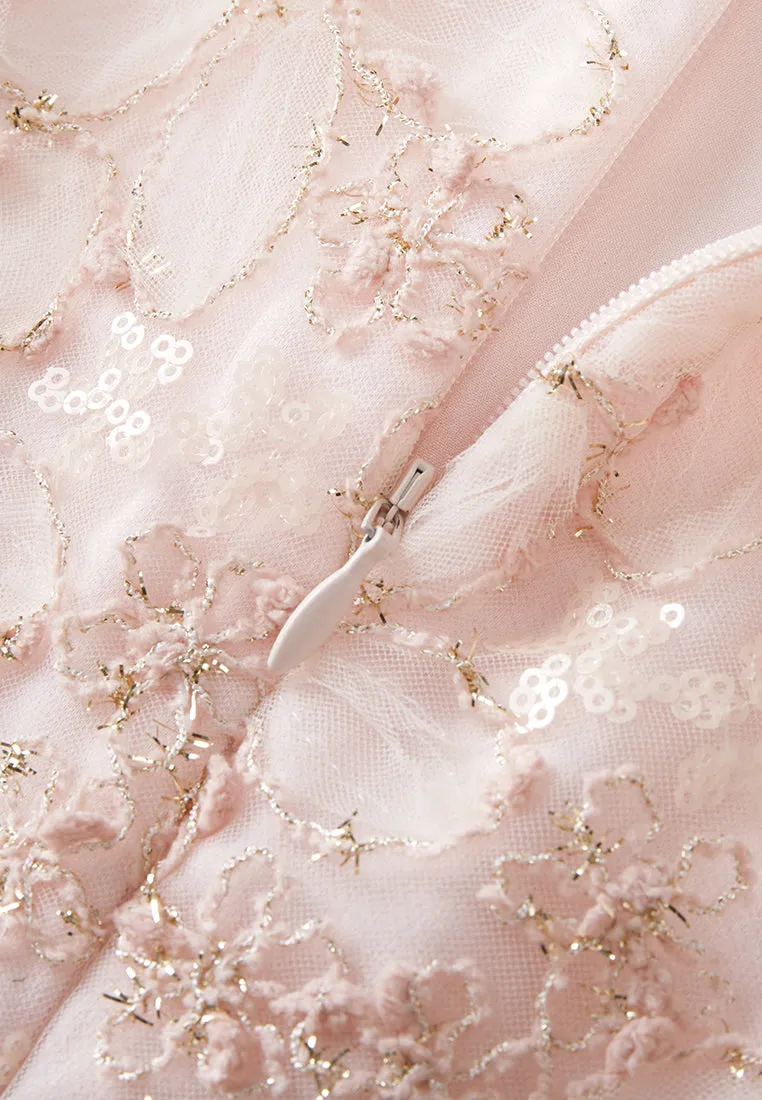 Floral-embroidery Embellished Detail Mesh Dress