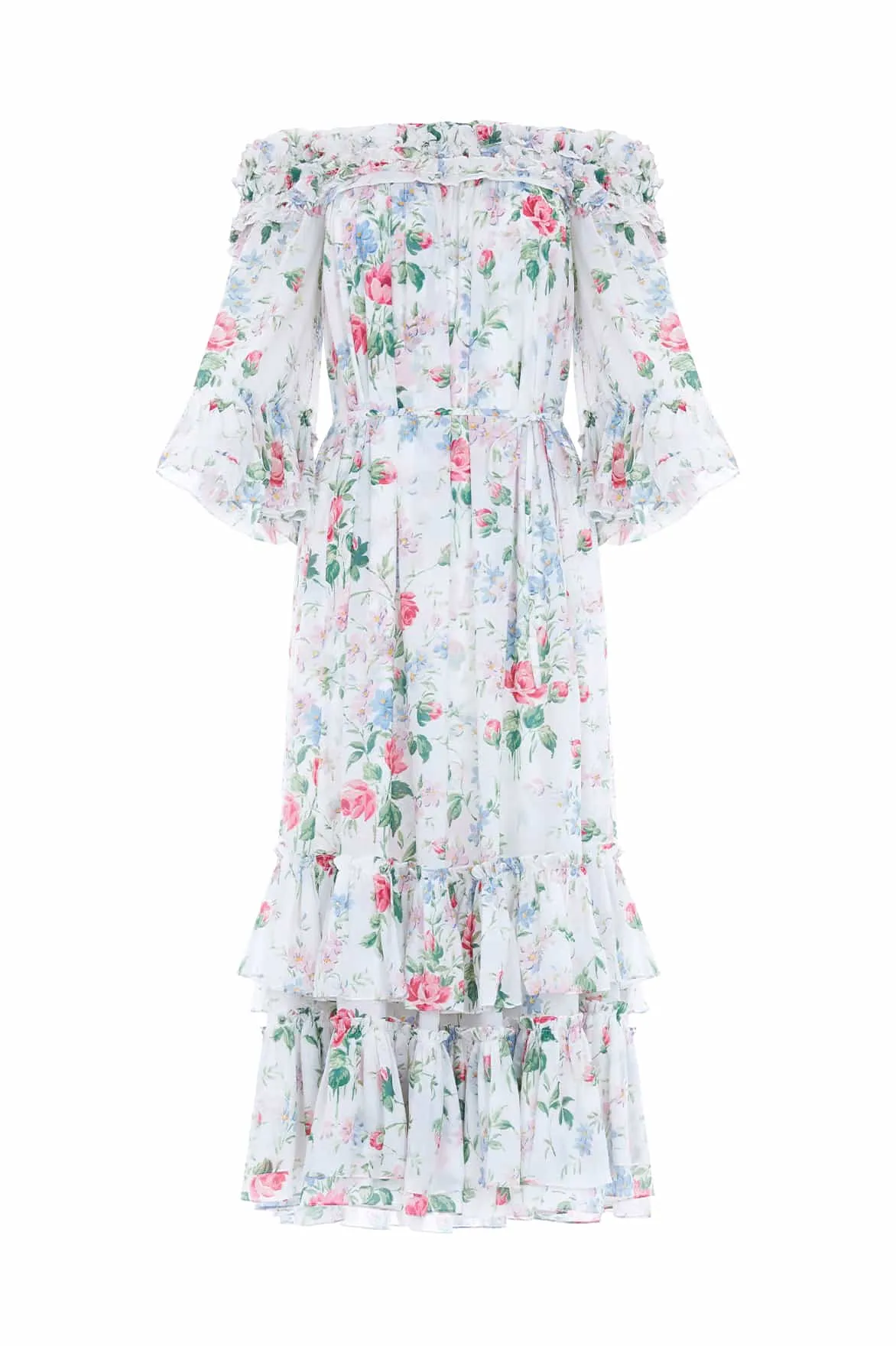 Floral Fantasy Chiffon Off-Shoulder Ankle Gown