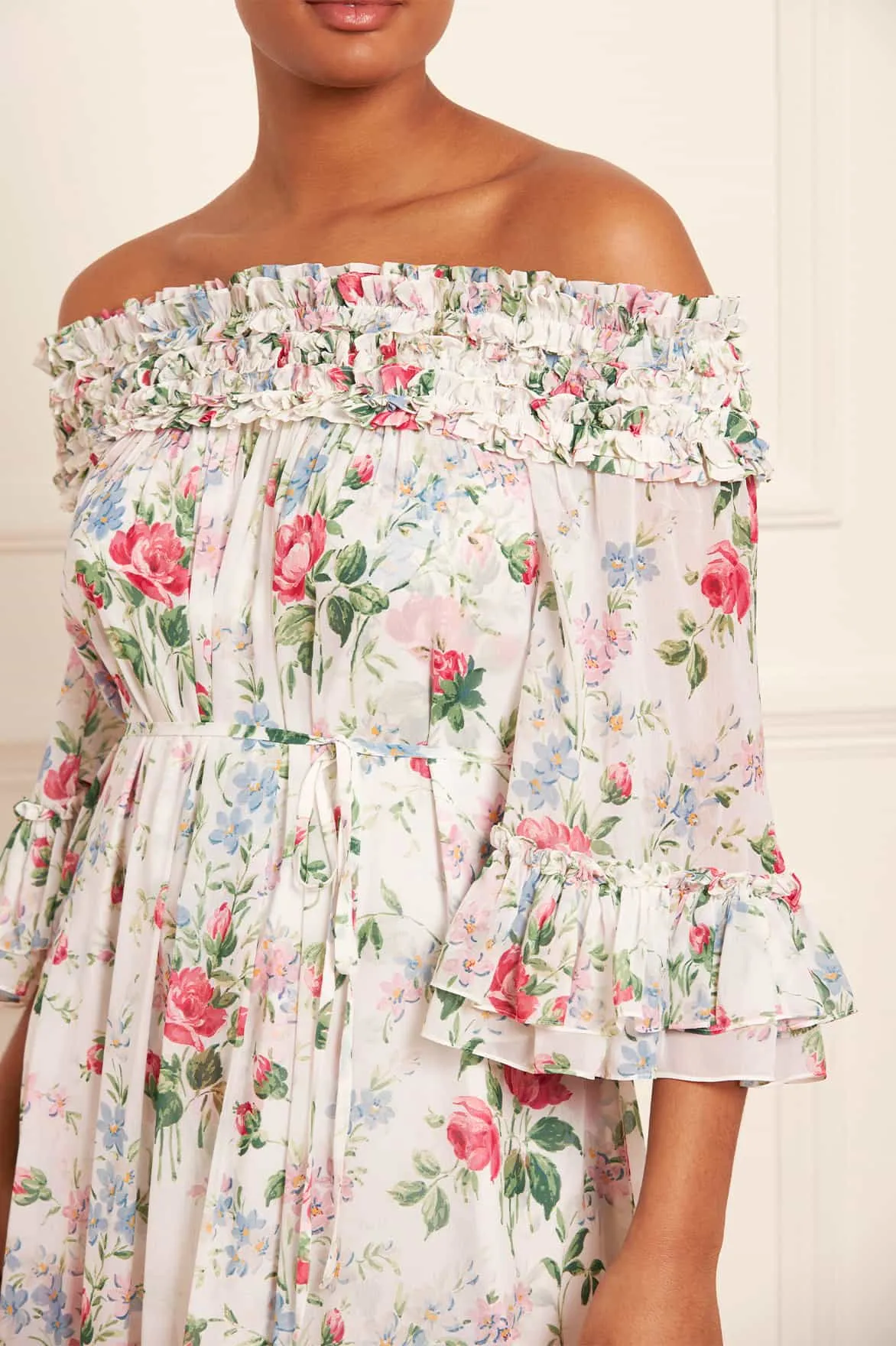 Floral Fantasy Chiffon Off-Shoulder Ankle Gown