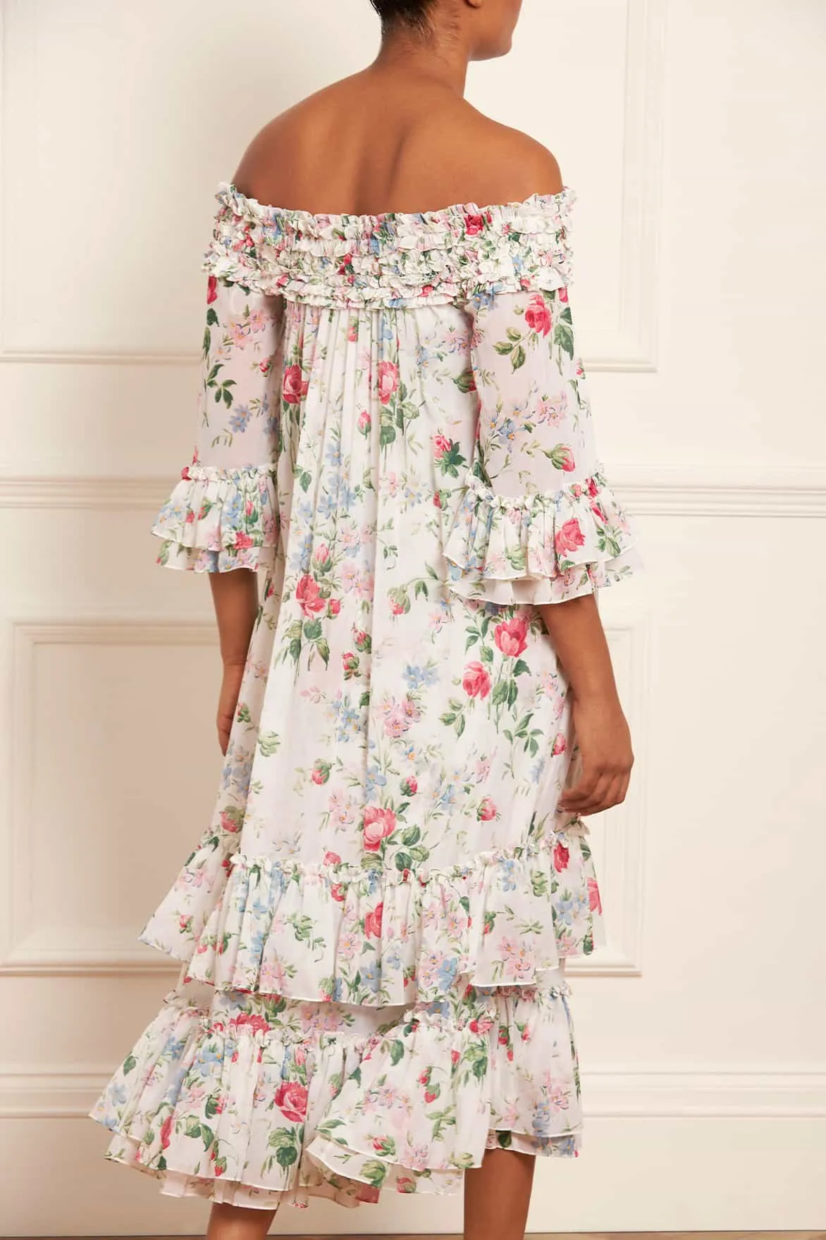 Floral Fantasy Chiffon Off-Shoulder Ankle Gown