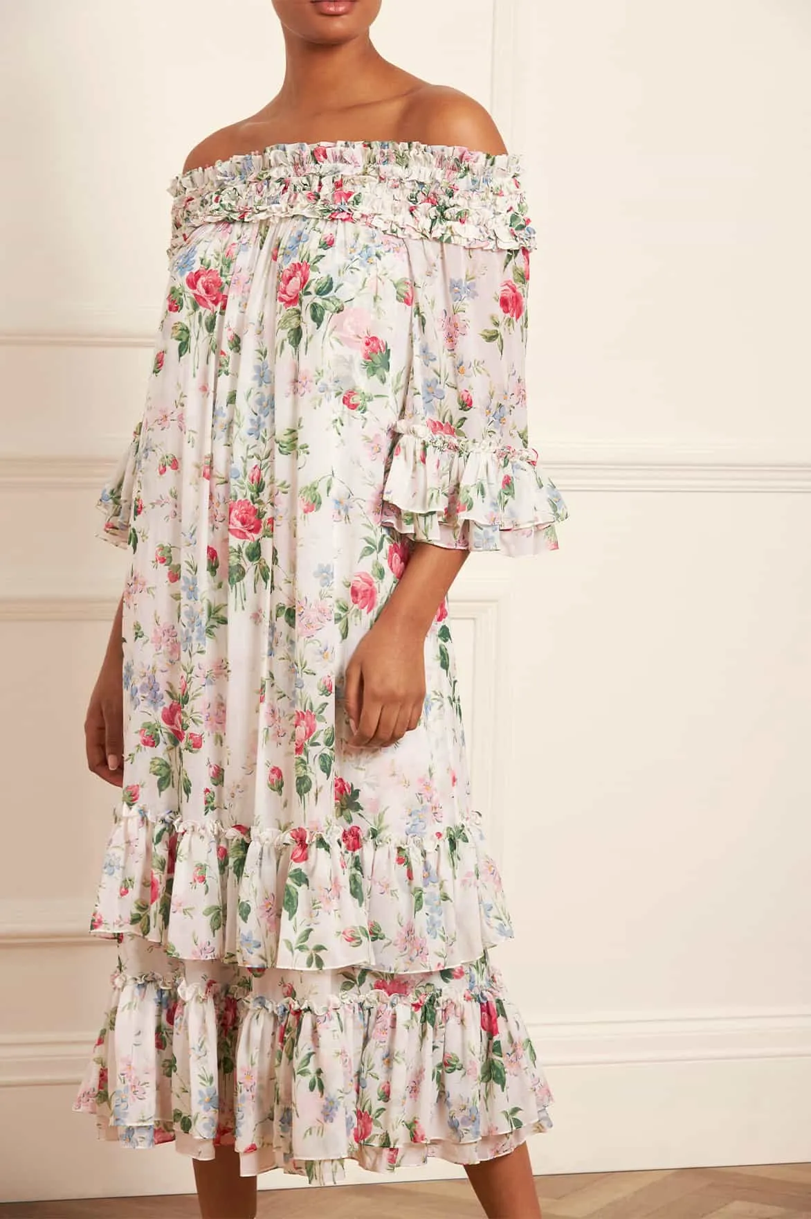 Floral Fantasy Chiffon Off-Shoulder Ankle Gown