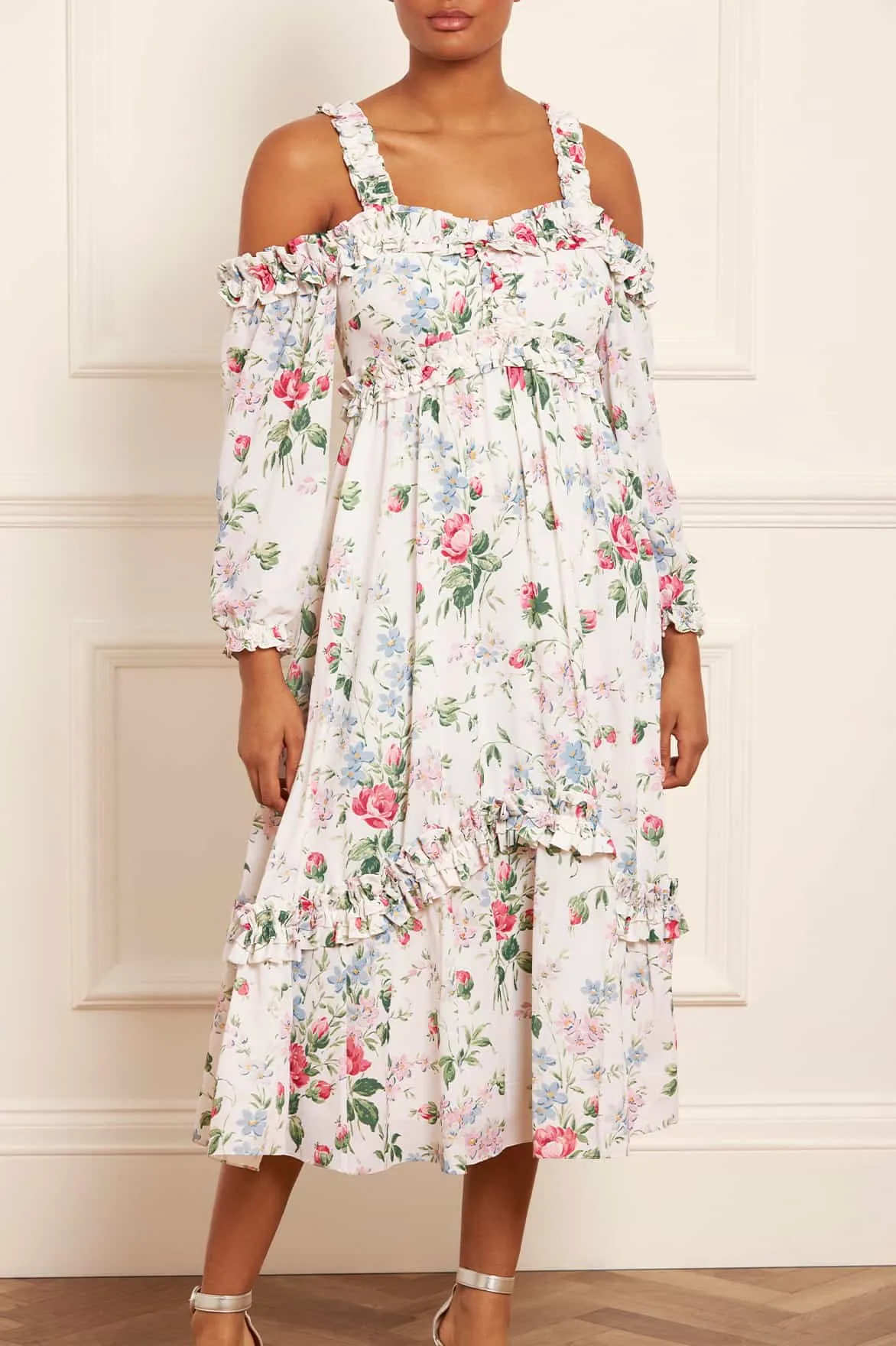 Floral Fantasy Crepe Off-Shoulder Ballerina Dress