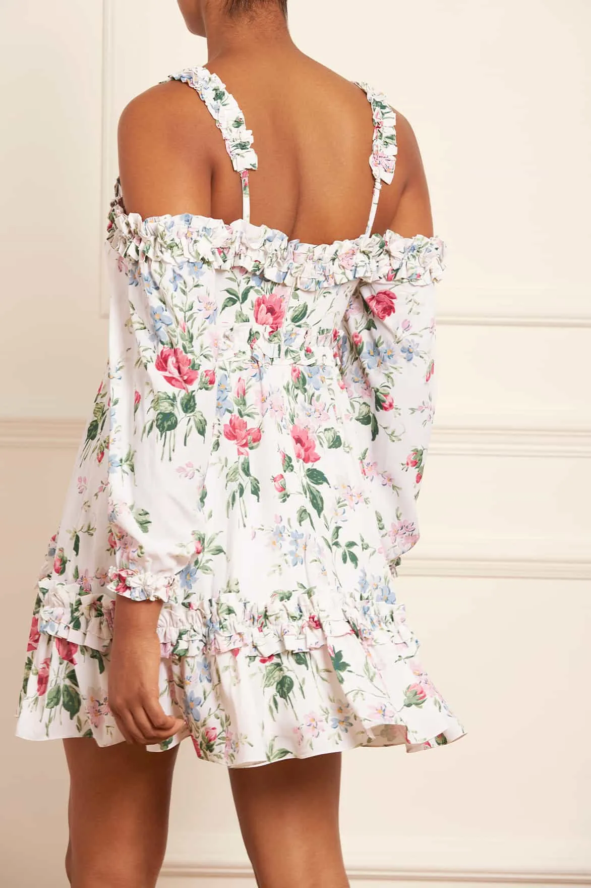 Floral Fantasy Crepe Off-Shoulder Micro Mini Dress