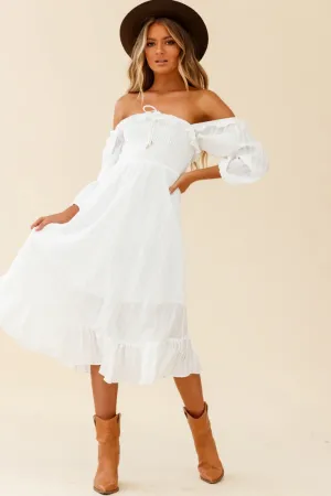Flynn Off-Shoulder Shirred Bust Midi Dress White