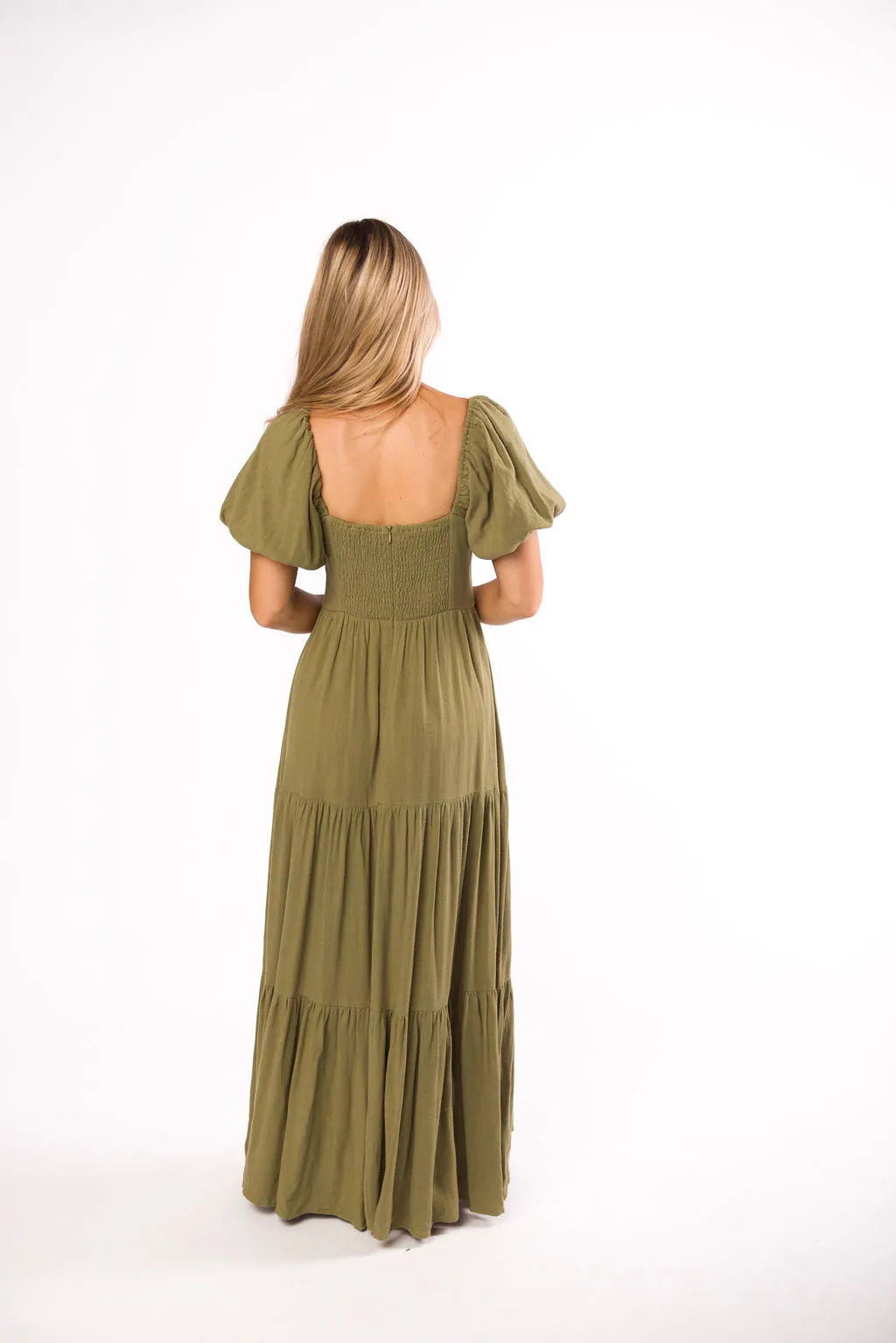 Genevieve Tiered Maxi Dress in Olive