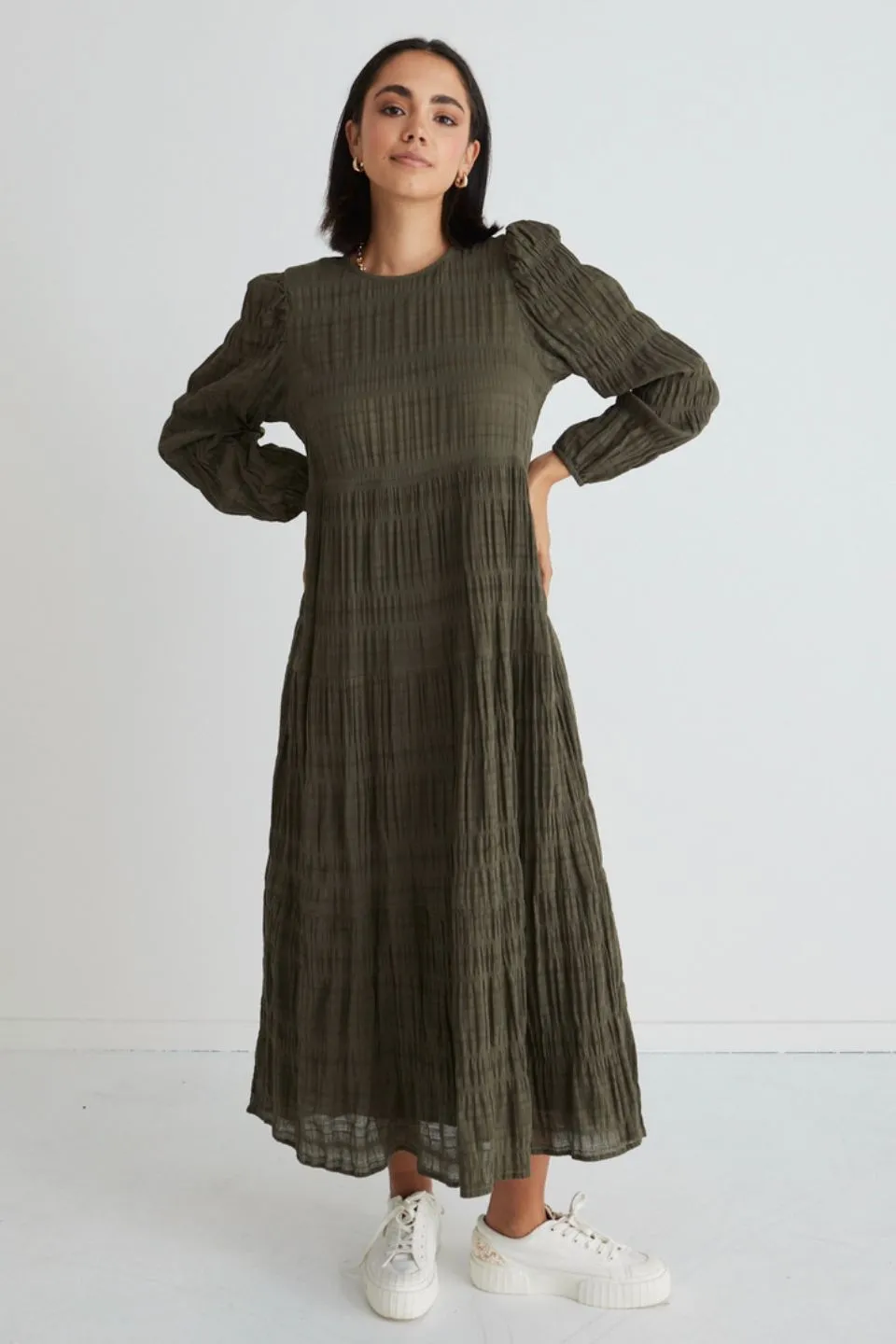 Gigi Khaki Shirred Cotton LS Tiered Maxi Dress