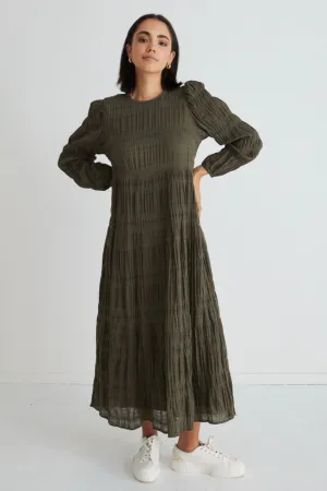 Gigi Khaki Shirred Cotton LS Tiered Maxi Dress