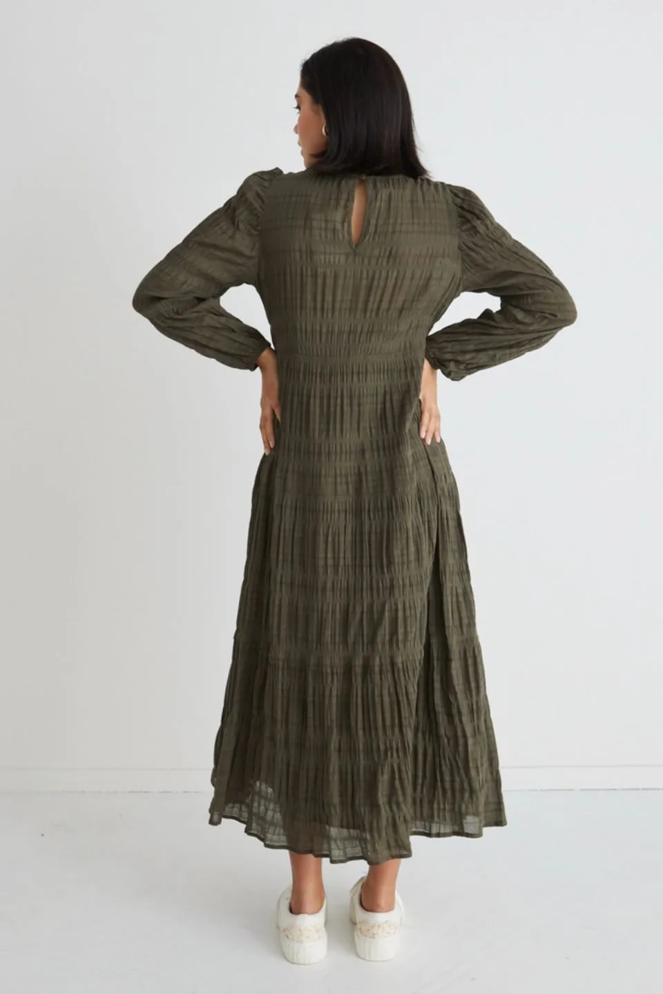 Gigi Khaki Shirred Cotton LS Tiered Maxi Dress