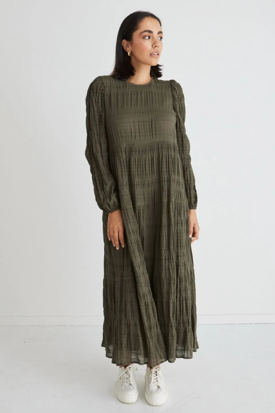 Gigi Khaki Shirred Cotton LS Tiered Maxi Dress