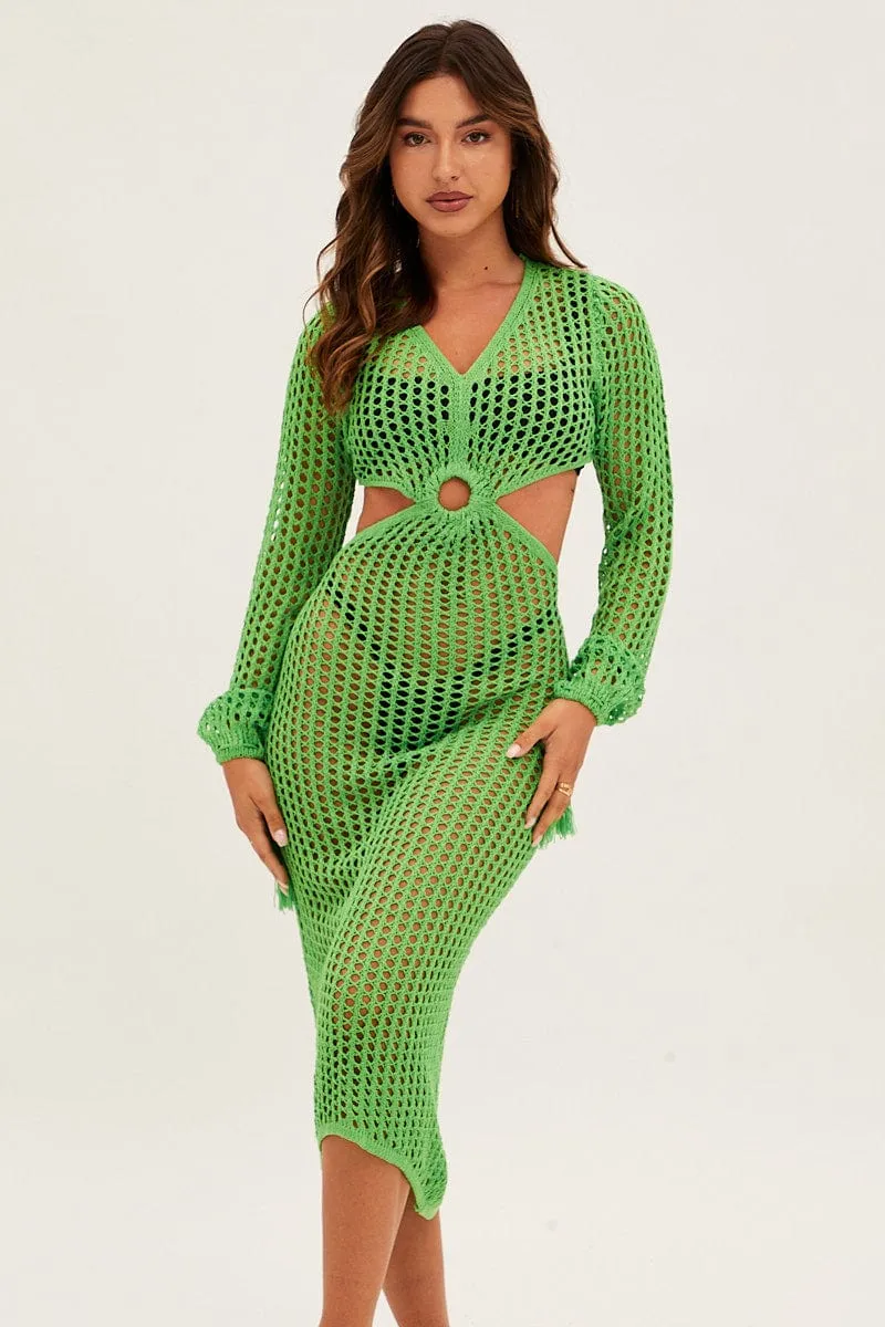 Green Crochet Cutout Knit Dress
