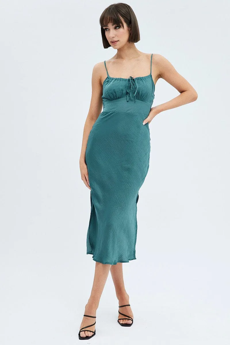Green Maxi Dress Sleeveless Ruched Bust Satin