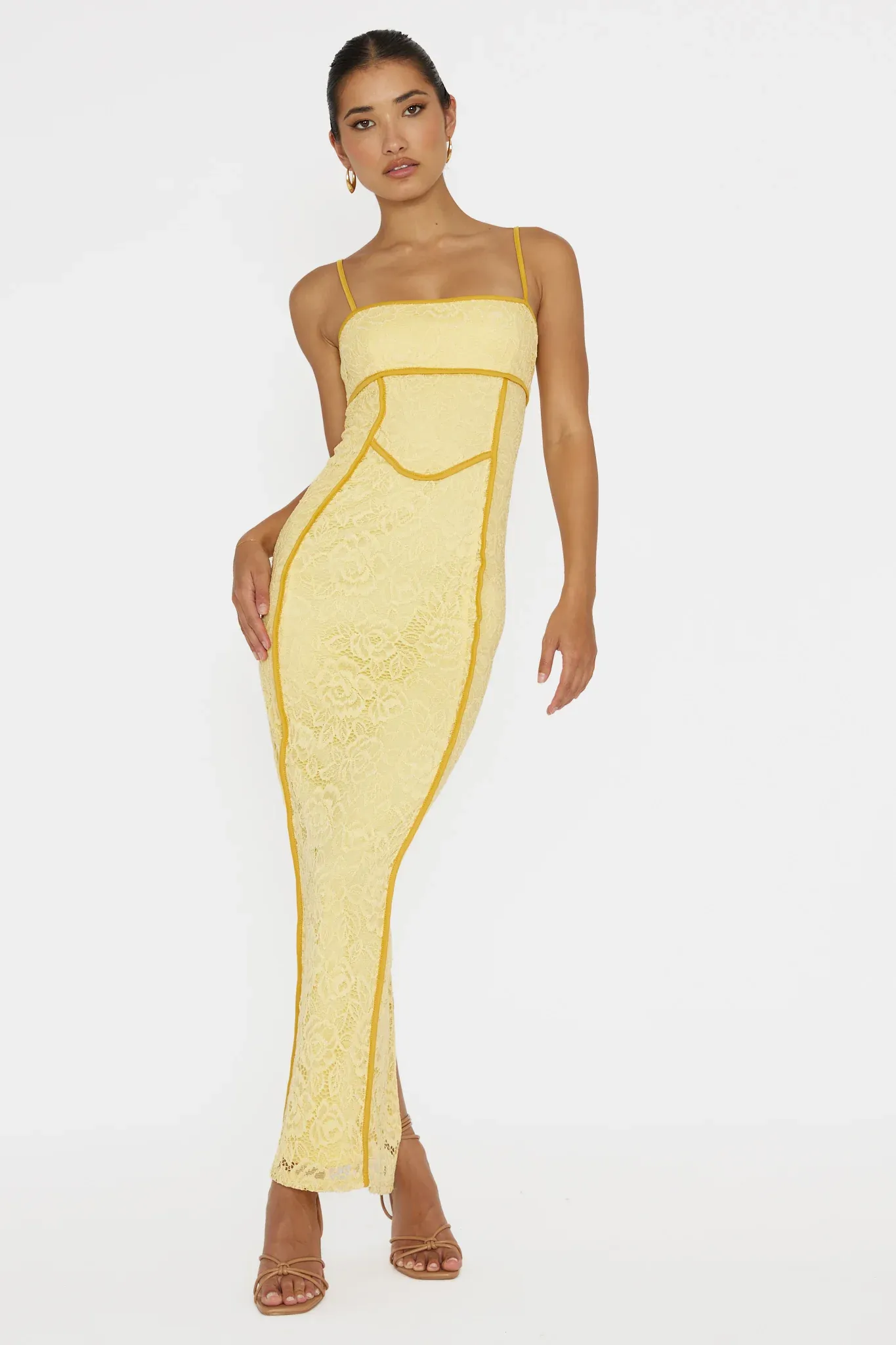 Inga Lace Piping Trim Midi Dress Yellow