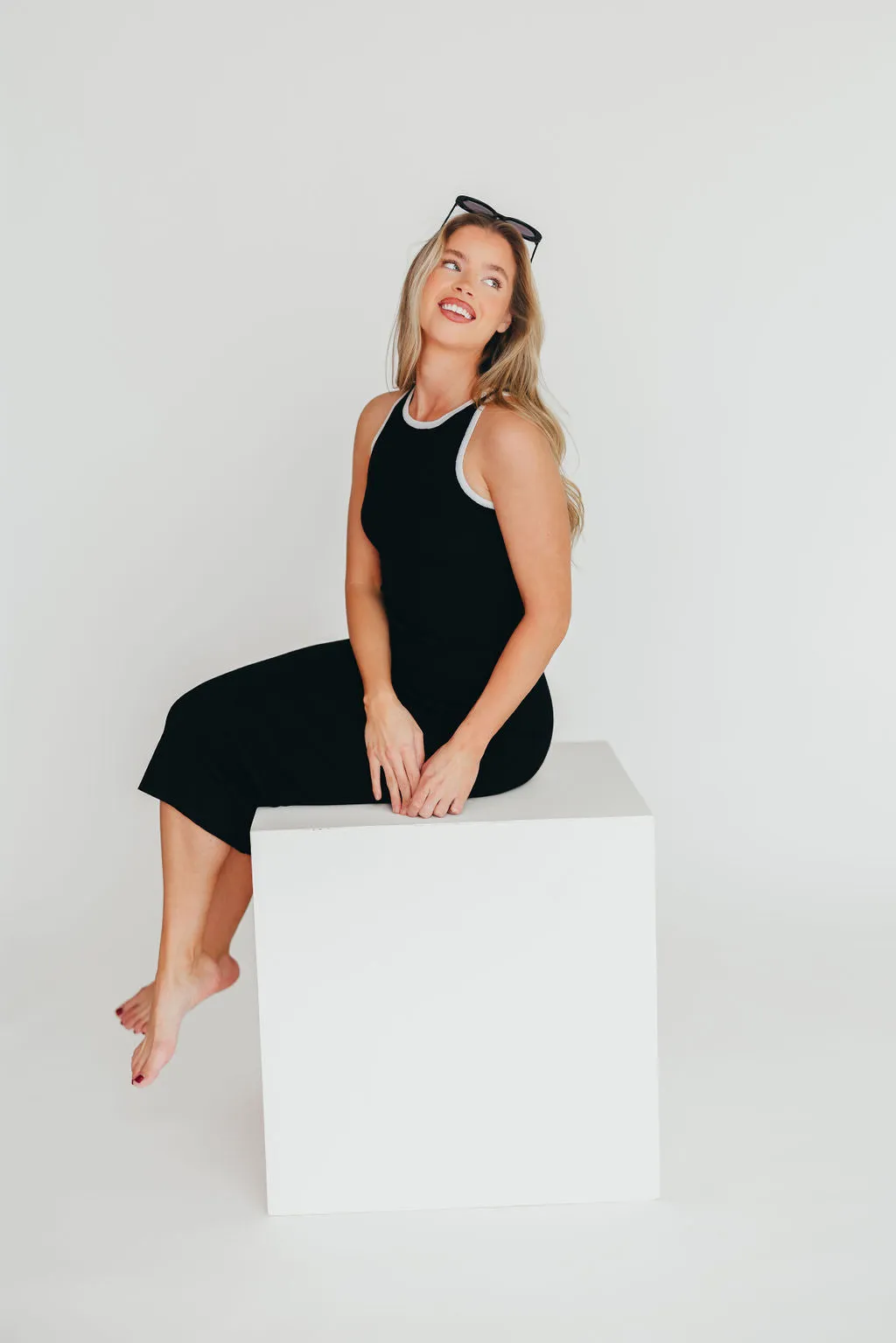 Juliana Contrast Racerback Tank Dress in Black/White