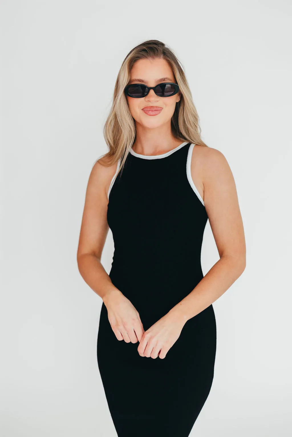 Juliana Contrast Racerback Tank Dress in Black/White
